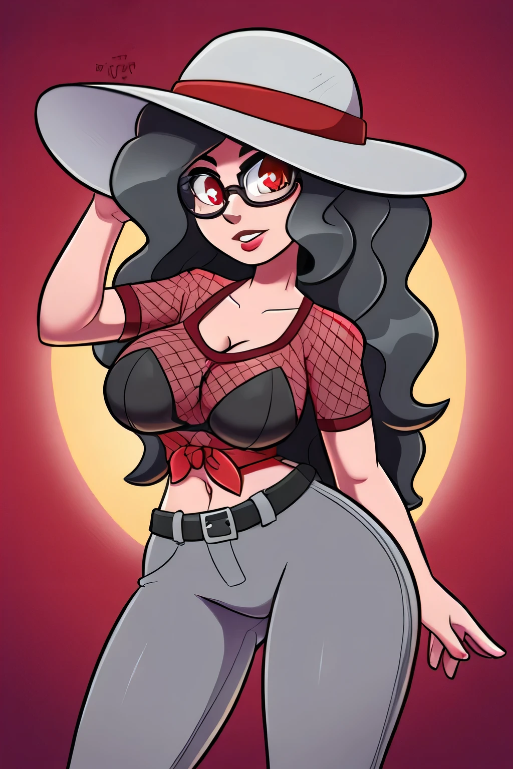 A tall sexy woman with a big breast, long wavy red hair, her red eyes are wearing glasses, she is wearing a sun hat, she is wearing a ruby red top, she is wearing a transparent black net shirt and her metallic gray pants are wearing a black belt, she is wearing a big thigh and a big leg.