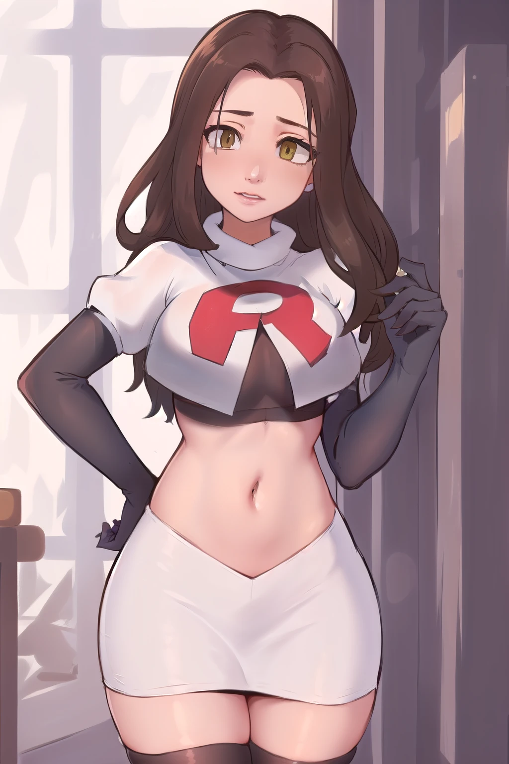 ((masterpiece, best quality:1.2),
BelleWaifu,18 years old,beautiful face,elegant face,(beautiful slanted eyes:1.4),brown eyes,breasts,cowboy shot, team rocket,team rocket uniform,white skirt,red letter R,crop top,black thigh-highs,black elbow gloves