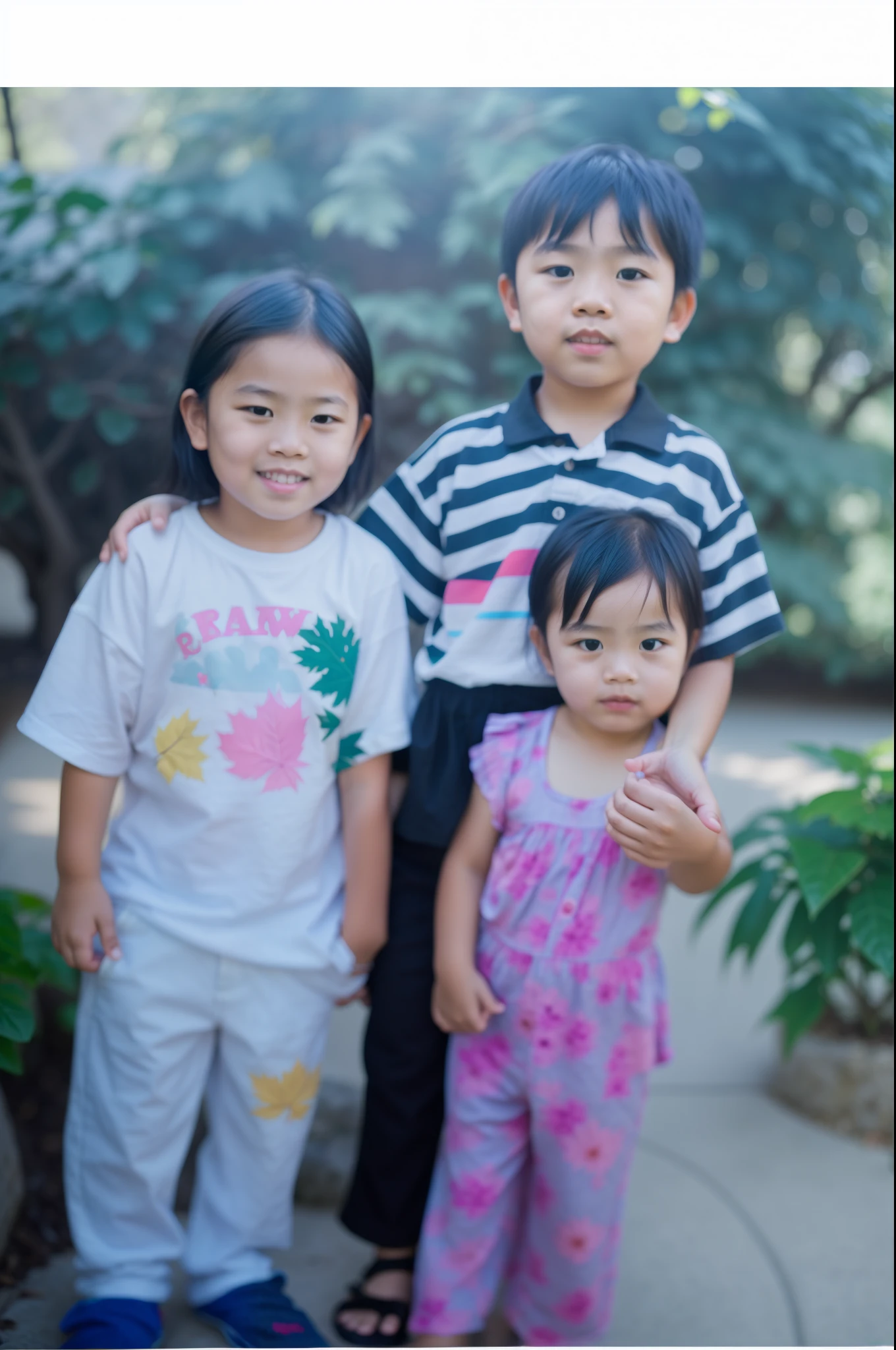 Highly realistic photo, ((masterpiece), (best quality), (raw photo), (photorealistic:1.4), photo of 4 Vietnamese sisters,  sister is holding her 1 year old br boys sitting next to her wearing shirts and cloth pants. Sitting on the fence railing, behind is the garden., Vietnamese rural house, photo taken by Sony A7IV