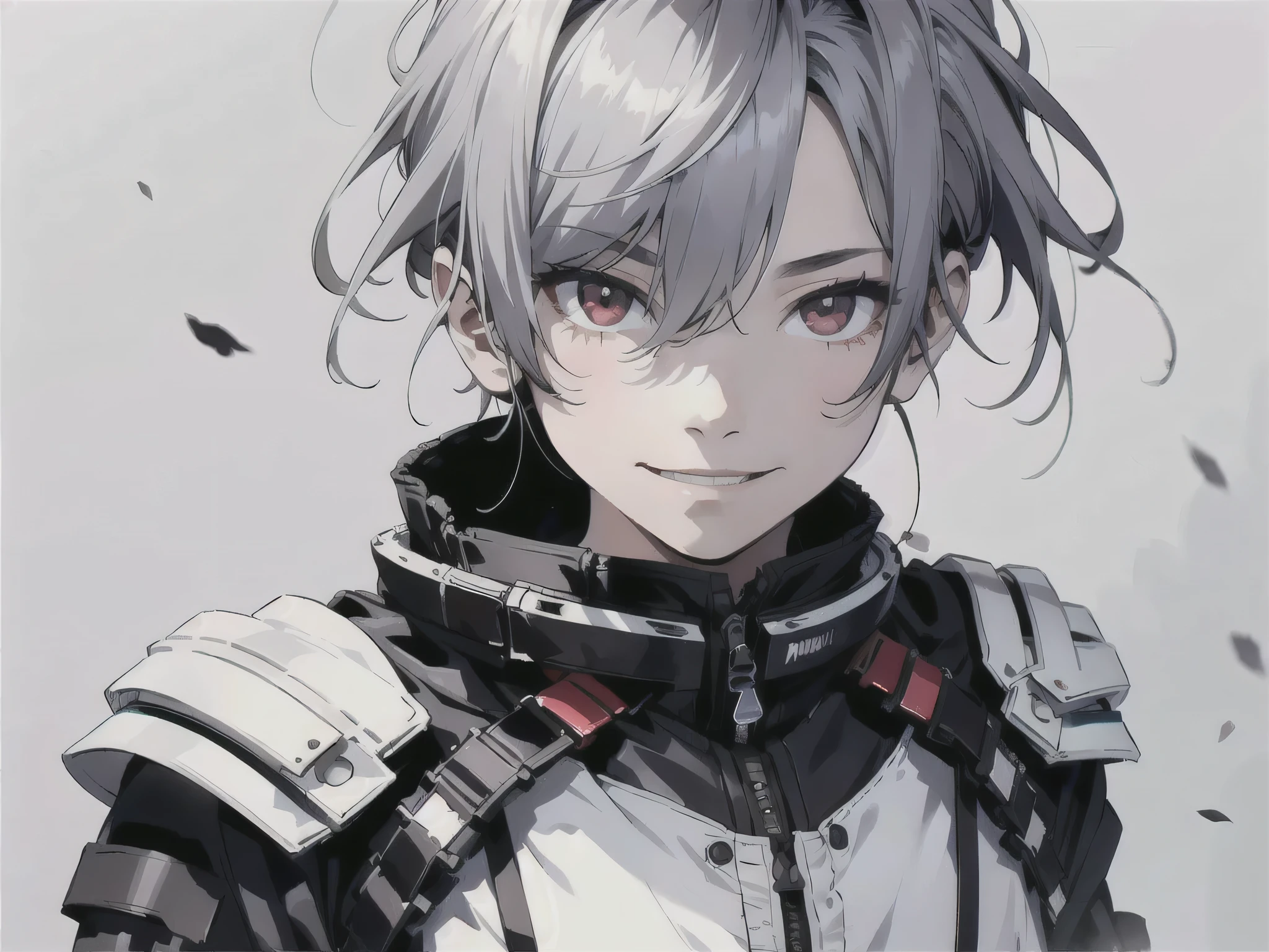[[[[white background]]]], [[[Girls]]], absurd solution、highest resolution、(masterpiece:1.4)、very detailed、from above、Adonis, boy universe、masterpiece, Acceleration_nffsw, (expressionless:1.2), (smile:1.3), crutch, silver hair,red eyes shining, photo taken up close, very detailed, (dark:1.3), dark, faint, nffsw, illustration, dirty