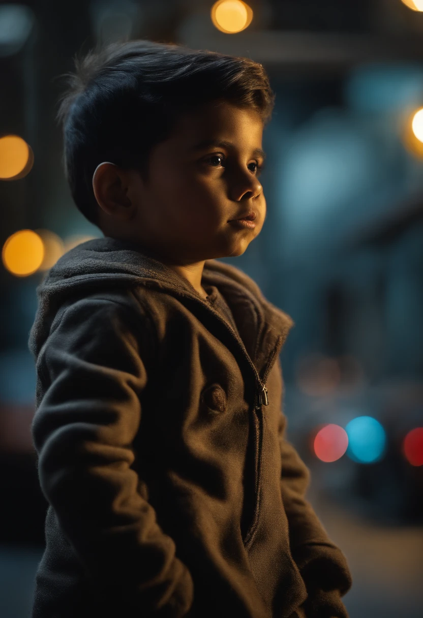 Boy looking destroy Mumbai in robots hyper realistic dark colour background