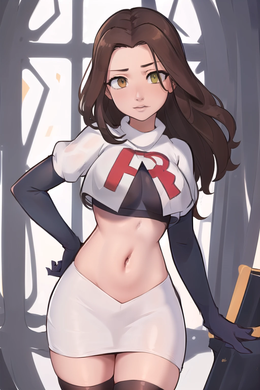 ((masterpiece, best quality:1.2),
BelleWaifu,18 years old,beautiful face,elegant face,(beautiful slanted eyes:1.4),brown eyes,breasts,cowboy shot, team rocket,team rocket uniform,white skirt,red letter R,crop top,black thigh-highs,black elbow gloves