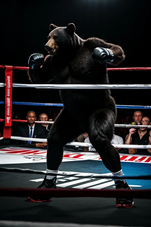An angry large black bear roaring on the boxing ring, ready for fighting, wearing boxing uniform, surrounding are full of spectators.