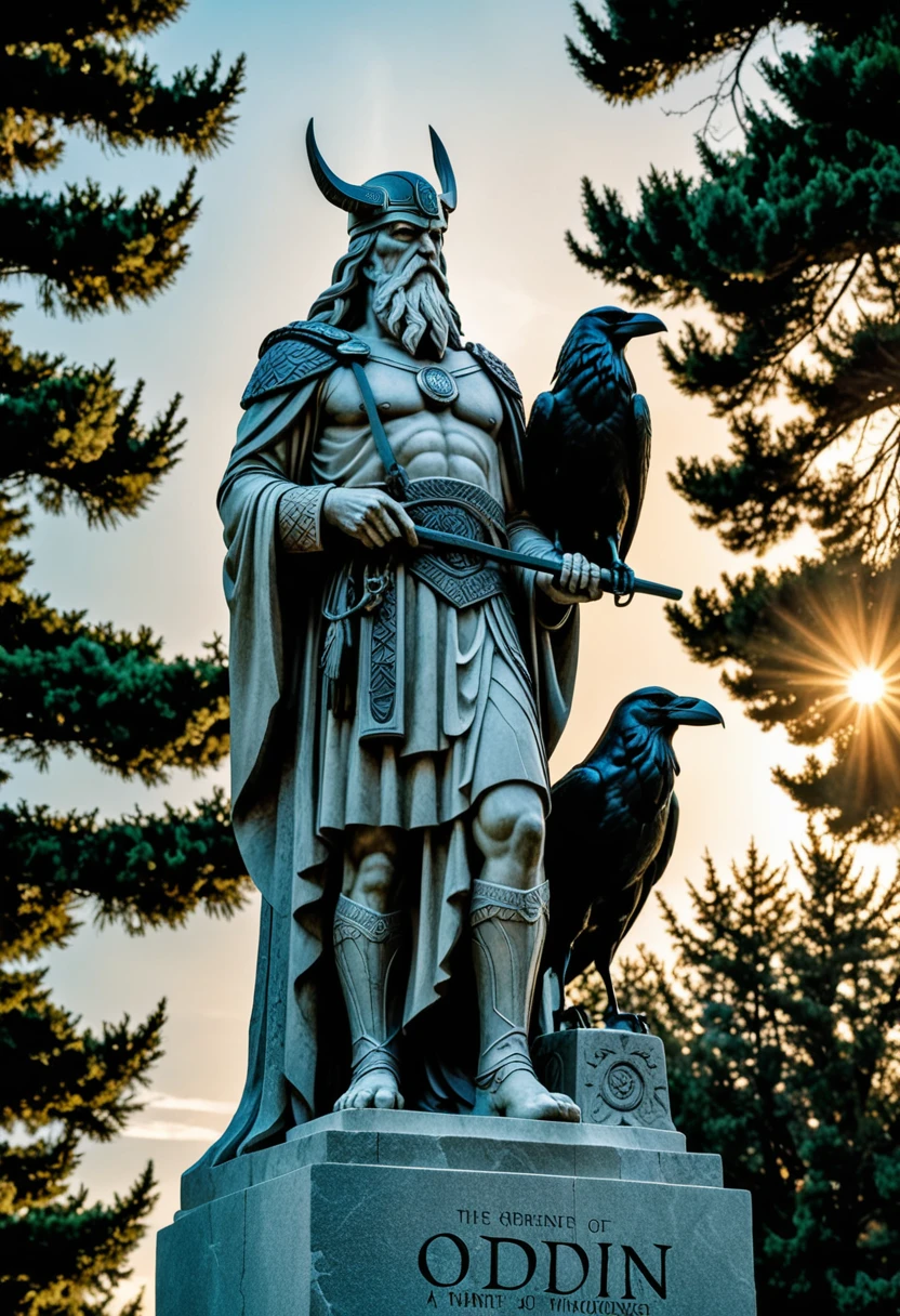 (A stone statue of Odin, the supreme god of Norse mythology, a solemn and dignified stone statue:1.2), 2 crows are perched on the shoulders of the stone statue, the presence of the crows, evening, soft sunlight, mystery light, majesty, solemnity, majesty, high definition, high detail,