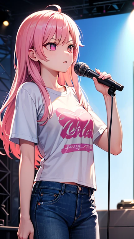 最high quality,very detailed,high quality,Extremely detailed,masterpiece,Super fine,ultra high resolution,超high quality,super delicate face,super realistic,(1 person:1.2)、woman、(Mature:1.5)、pink hair color、long hair、(pink eyes)、small breasts 、slender body, Ahoge、serious face、(sing:1.3), perfect face, beautiful proportions, Hold the microphone to your mouth, Stage Background、T-shirt、jeans、