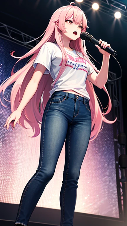 最high quality,very detailed,high quality,Extremely detailed,masterpiece,Super fine,ultra high resolution,超high quality,super delicate face,super realistic,(1 person:1.2)、woman、(Mature:1.5)、pink hair color、long hair、(pink eyes)、small breasts 、slender body, Ahoge、serious face、(sing:1.3), perfect face, beautiful proportions, Hold the microphone to your mouth, Stage Background、T-shirt、jeans、