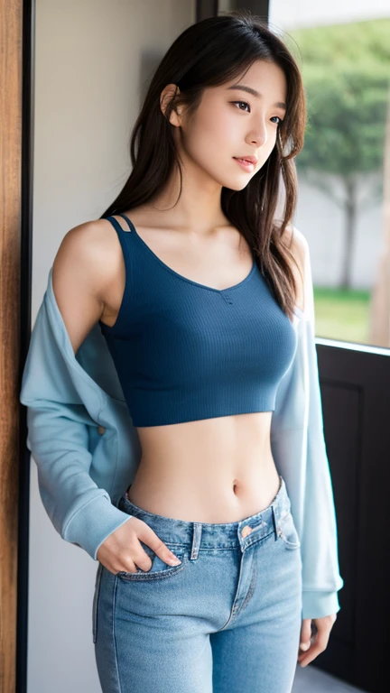 best quality, masterpiece, ultra high resolution, (Reality: 1.4), original photo, 1 woman, soft blue tank top, short pants,cinematic lighting, big soft breasts, exposed chest, short straight brown hair color, necklace, split, neon lights, inside, avoid burns skin