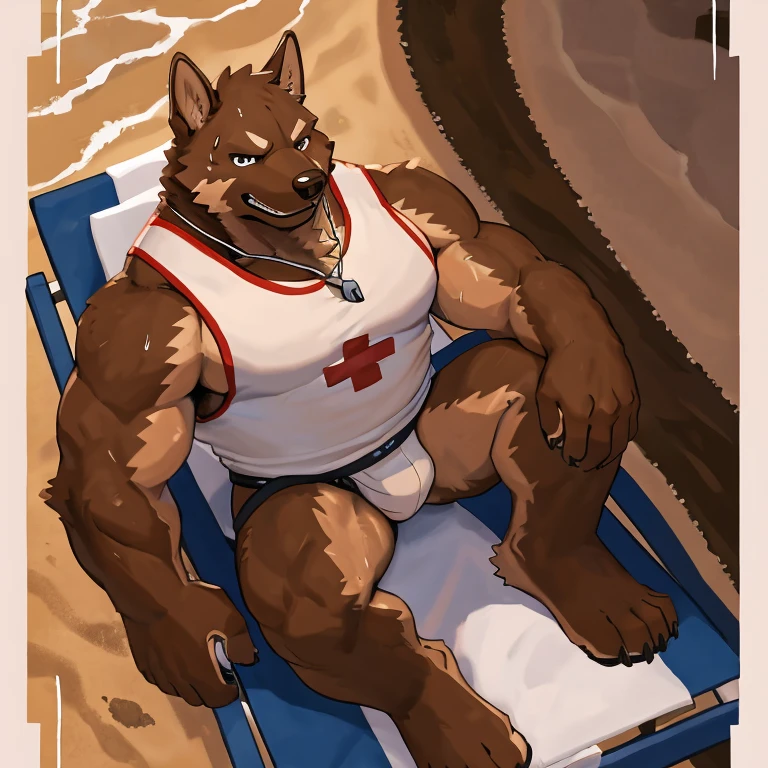 POV,top angle,sleep on stomach,lats,trapezius,butt lift,kemono, anthro (brown dog), male, (brown dog), muscular, back, red body, white belly ,sweat, ((correct anatomy)), sitting on lifegruard tall chair, beautiful beach, perfect beautiful beach background, perfect chair,1 boy, solo, wearing jockstrap, pain expression, canine tooth, hd, dark shadows, wide dynamic range, hdr, low light:1.2, front view, full body, canid, canine, canis, domesticbrown dog mammal, nordic sled brown dog, fullbody, full res, smile, lifeguard, wearing Tank top, full body, camera view, side view, full view, whistle, look down at viewer