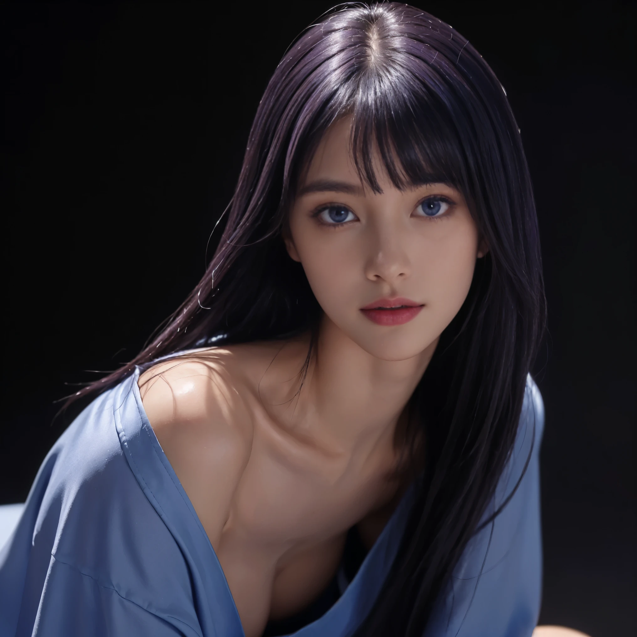 8K, top quality, intricate details, Ultra-detailed, ultra high resolution, masterpiece, , thin and long, Smile, (cosmetic: 0.4), (毛茸茸的blue eyes: 1.21), blue eyes, looking at the audience, ((whole body)), 1 girl, alone, 1 girl, (( whole body)), close-up, , ((High)), (((toned body))), (((face slimming))), Pointed face, sharp vision, (((dark purple hair, Bangs, long hair)) , (Detailed face), Pointed face, small lips, half-open lips,
((kimono )), (()), Detailed face, Detailed breasts, , Big breasts, Detail ass, , beautiful girl,Have slender abdominal muscles: 1.4, Six-pack: 1.4, Bust Botox, big deal, Perfect body, detail legs, (( dark background)), black background, (((see the whole body)))