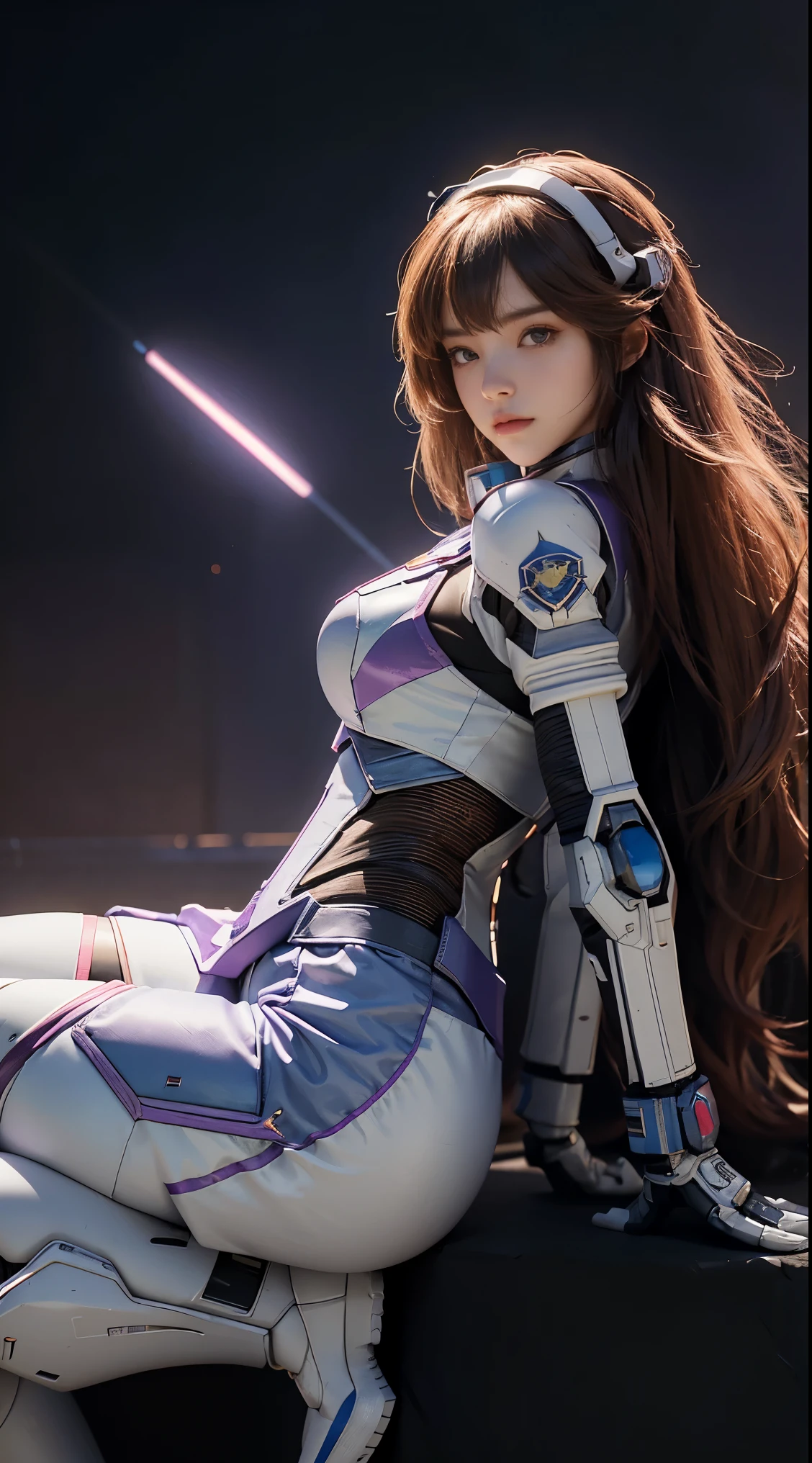 RAW, Masterpiece, Ultra Fine Photo,, Best Quality, Ultra High Resolution, Photorealistic, Sunlight, Full Body Portrait, Stunningly Beautiful,, Dynamic Poses, Delicate Face, Vibrant Eyes, (Side View) a close up of a woman in a pink and white gundam custume, dybamic pose, long brown very very long hair rapunzel, girl in mecha cyber armor, portrait armored astronaut girl, d. va from overwatch, female mecha, on a gundam, gundam head, chiho aoshima color scheme, mobile suit, streamlined purple armor, fully robotic!! girl, realistic cosplay, gundam armor (dynamic pose) (best cameraview), full body