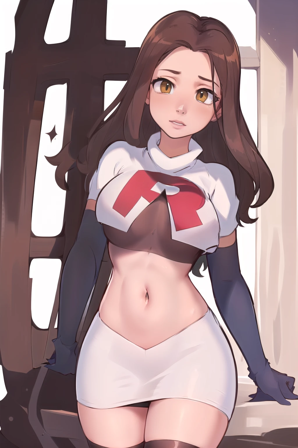 ((masterpiece, best quality:1.2),
BelleWaifu,18 years old,beautiful face,elegant face,(beautiful slanted eyes:1.4),brown eyes,breasts,cowboy shot, team rocket,team rocket uniform,white skirt,red letter R,crop top,black thigh-highs,black elbow gloves