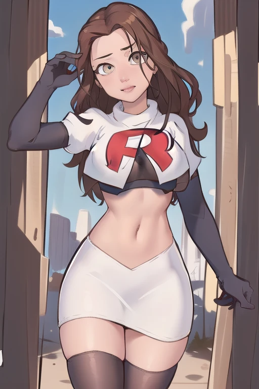 ((masterpiece, best quality:1.2),
BelleWaifu,18 years old,beautiful face,elegant face,(beautiful slanted eyes:1.4),brown eyes,breasts,cowboy shot, team rocket,team rocket uniform,white skirt,red letter R,crop top,black thigh-highs,black elbow gloves