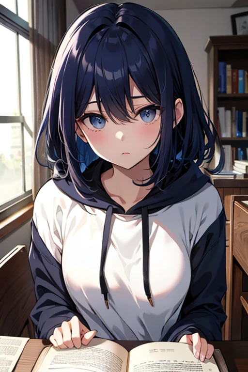 Full upper body、dark blue hair、Unmotivated eyes、blue eyes、woman、pale color、Room wear、relax、hoodie、Book、reading