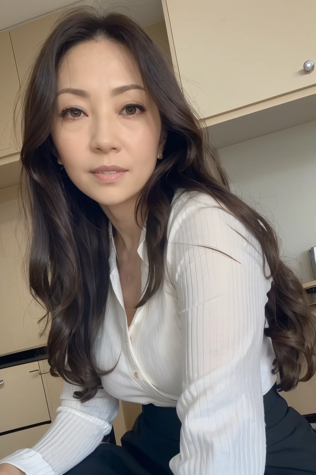 NSFW, ((Top Quality)), ((8K)), ((Masterpiece: 1.3)), (Perfect Appearance), (Photorealism: 1.6), 

(in front of the sink), japanese woman, (58 years old), ((Realistic skin texture 1.8)), (Fine wrinkles throughout the skin: 1.3), (Dull skin: 1.1), (Skin without moisture: 1.2) , (Wrinkles on the face: 0.9), (Wrinkles on the corners of the eyes: 1.2), Double eyelids, tear bags on the lower eyelids, (Crying moles: 0.9), The eyes are looking here, serious gaze, (Dimples: 1.2), gentle smile, The eyes are looking here, short bangs, long hair, Waves on the ends of the hair, soft fabric blouse, (Plump and glamorous body), (wide sleeves), (Cuffs that fit your wrist), (The hem of the blouse is tucked into the skirt: 1.2), flare skirt, high heels, (whole body: 1.3), low angle,