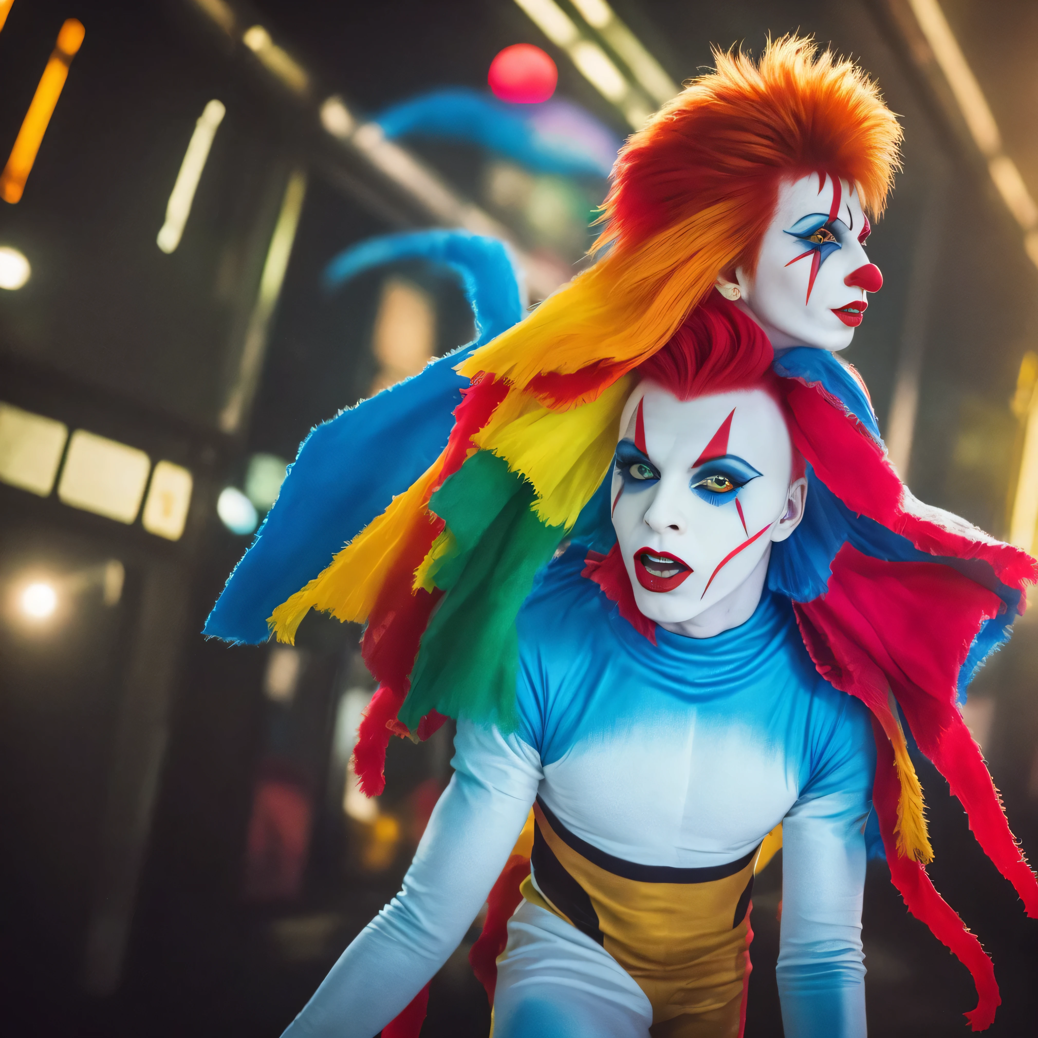 Ziggy Stardust dressed as the clown from the movie IT, vestido como o clear image, MEMBROS PERFEITOS, ROSTOS PERFEITOS, BLUR-FREE IMAGE, IMAGEM PROFISSIONAL, PERNAS INTEIRAS, INTERMEDIATE ARMS, IMAGEM SEM FALHAS, clear image, IMAGEM DECENTE, BOA QUALIDADE, BEM ACABADA, melhor qualidade, obra-prima, high resolution, 8k, imagem hiper-realista, foto profissional, imagem realista, Full body view, angle from bottom to top