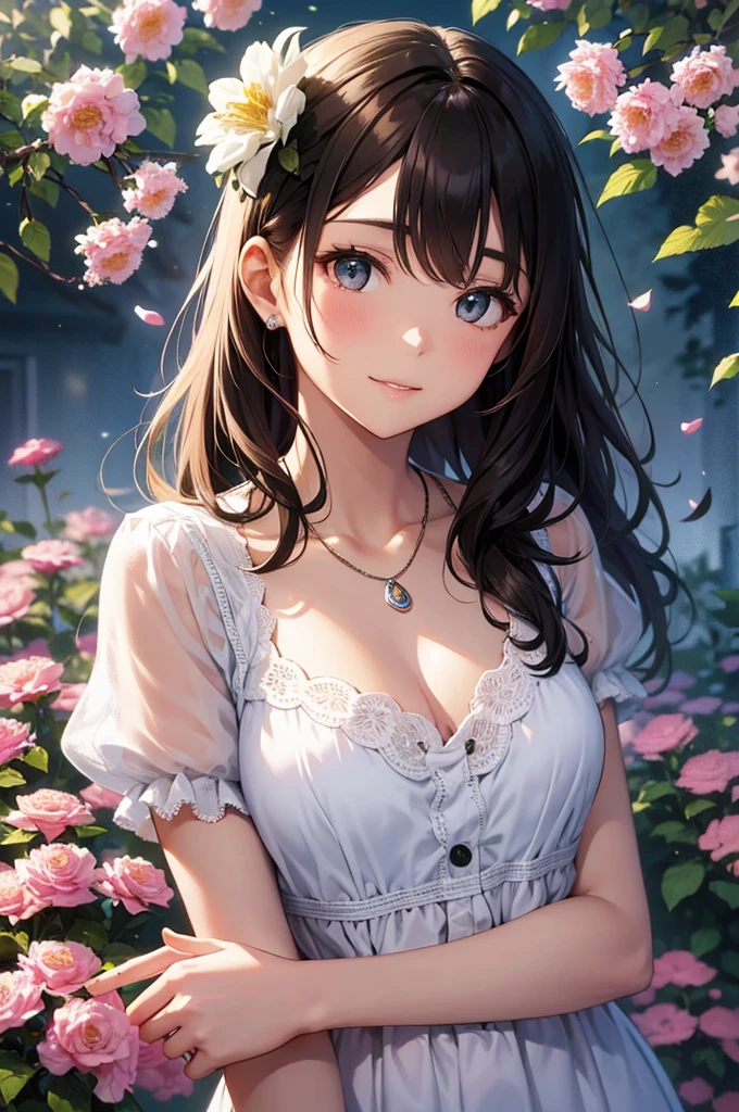 (masterpiece), (portrait), (beautiful), (beautiful), (Upper body), (high quality), (beautiful clothings), (Professional angle), (Rule of thirds), (feminine), (woman), (woman), (beautiful),(woman的な特徴), (21 years), alone, 1 woman, (Charming Italians), spring, (shower of petals), (afternoon), (soft light), (()), (hand with outstretched arm), ((positive face)), ((romantic)), (Soft Make-up), (moderate bust), (necklace), ((medium hair)), (light brown hair), (straight hair), (elegant updo), (Corolla in the hair), (closed my eyes), (green eyes), (nice look), Fair skin, (delicate lace clothes), (lace dress), (cardigan), (skirt ), (V neck neckline), ((flower garden background)), (full shot shot),