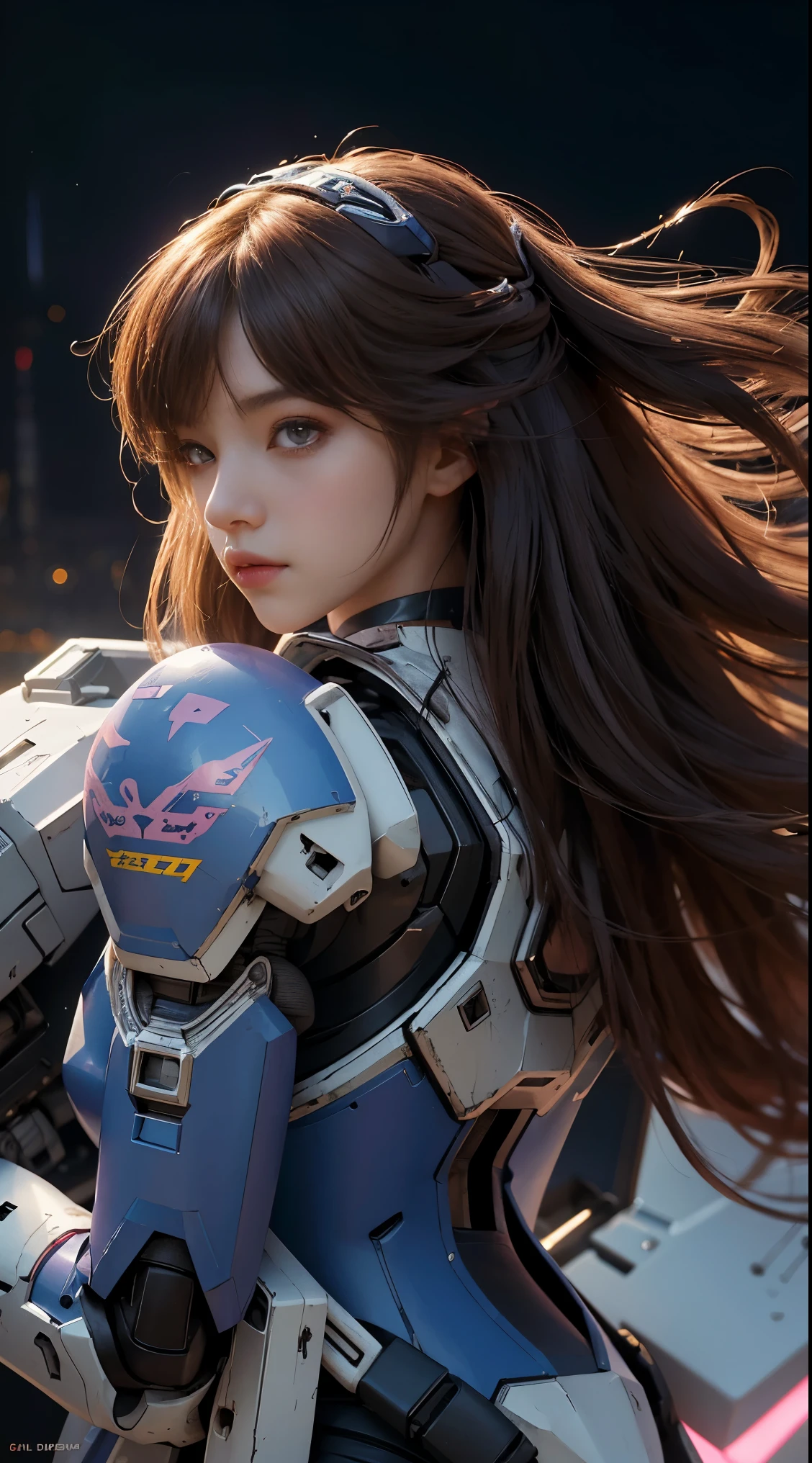 RAW, Masterpiece, Ultra Fine Photo,, Best Quality, Ultra High Resolution, Photorealistic, Sunlight, Full Body Portrait, Stunningly Beautiful,, Dynamic Poses, Delicate Face, Vibrant Eyes, (Side View) a close up of a woman in a pink and white gundam custume, dybamic pose, long brown very very long hair rapunzel, girl in mecha cyber armor, portrait armored astronaut girl, d. va from overwatch, female mecha, on a gundam, gundam head, chiho aoshima color scheme, mobile suit, streamlined purple armor, fully robotic!! girl, realistic cosplay, gundam armor (dynamic pose) (best cameraview), full body