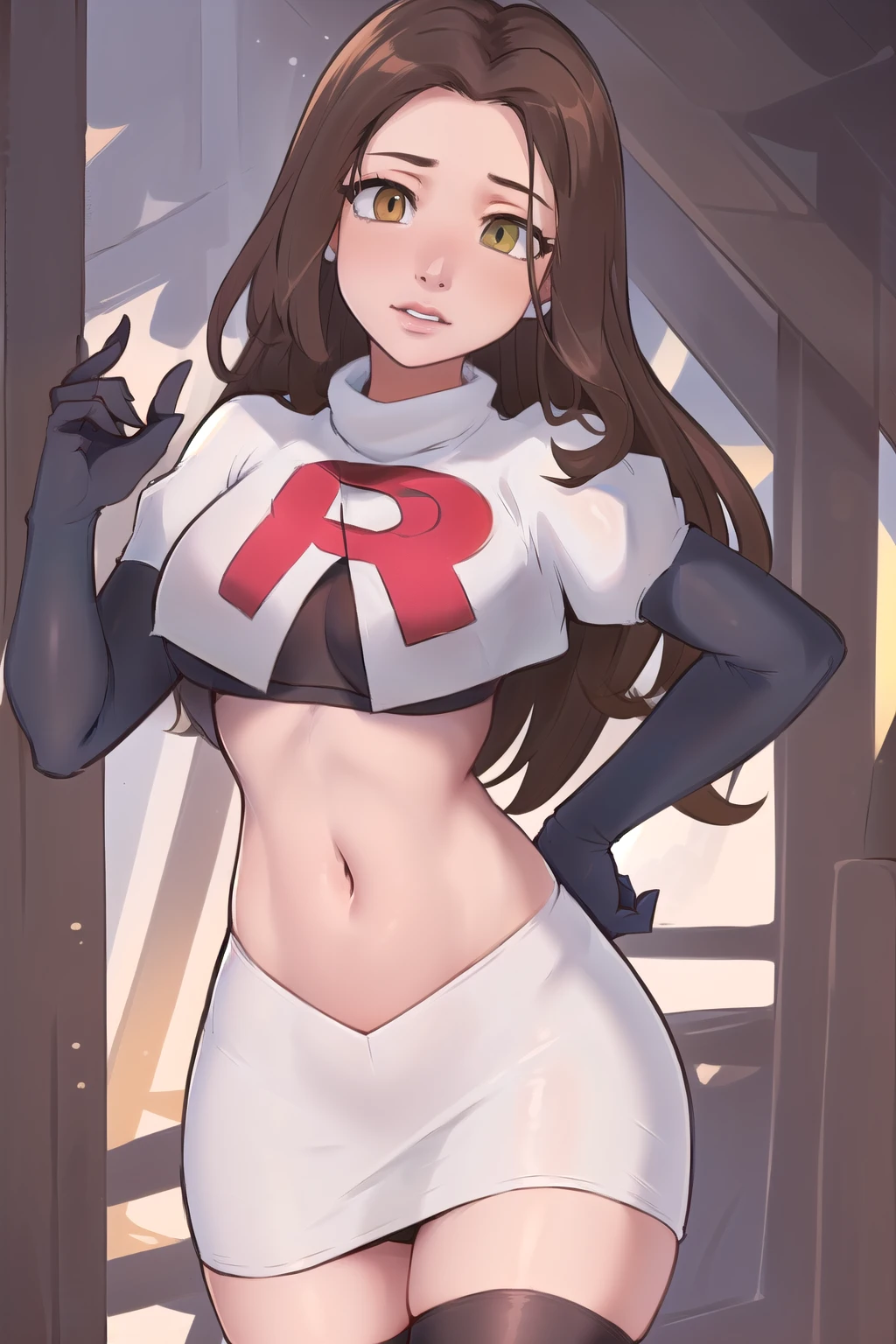 ((masterpiece, best quality:1.2),
BelleWaifu,18 years old,beautiful face,elegant face,(beautiful slanted eyes:1.4),brown eyes,breasts,cowboy shot, team rocket,team rocket uniform,white skirt,red letter R,crop top,black thigh-highs,black elbow gloves