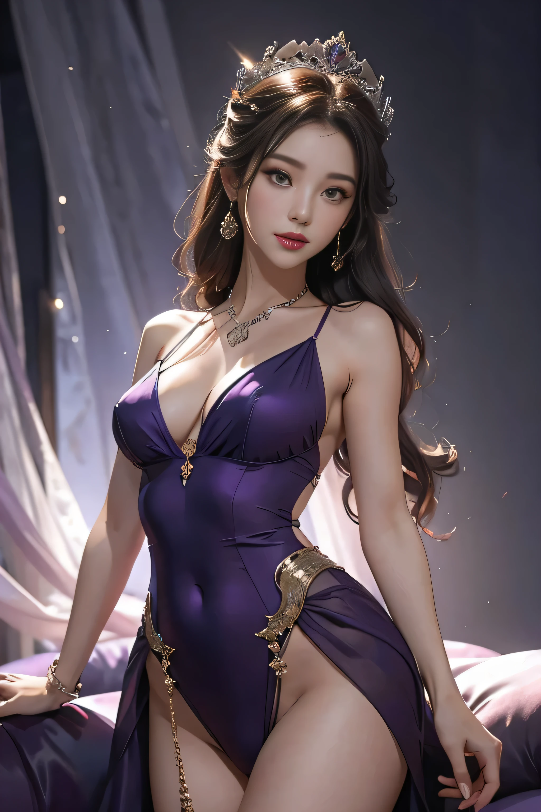 A woman in a purple dress is standing on the sofa, One, elegant pose, Gia, Height: 165cm, elegant seductive pose, glamor pose, dominant pose, cute elegant pose, Height: 155cm, attractive pose, slim girl model photo, sexy pose, graceful floating pose, glamorous pose, Elegant attractive pose