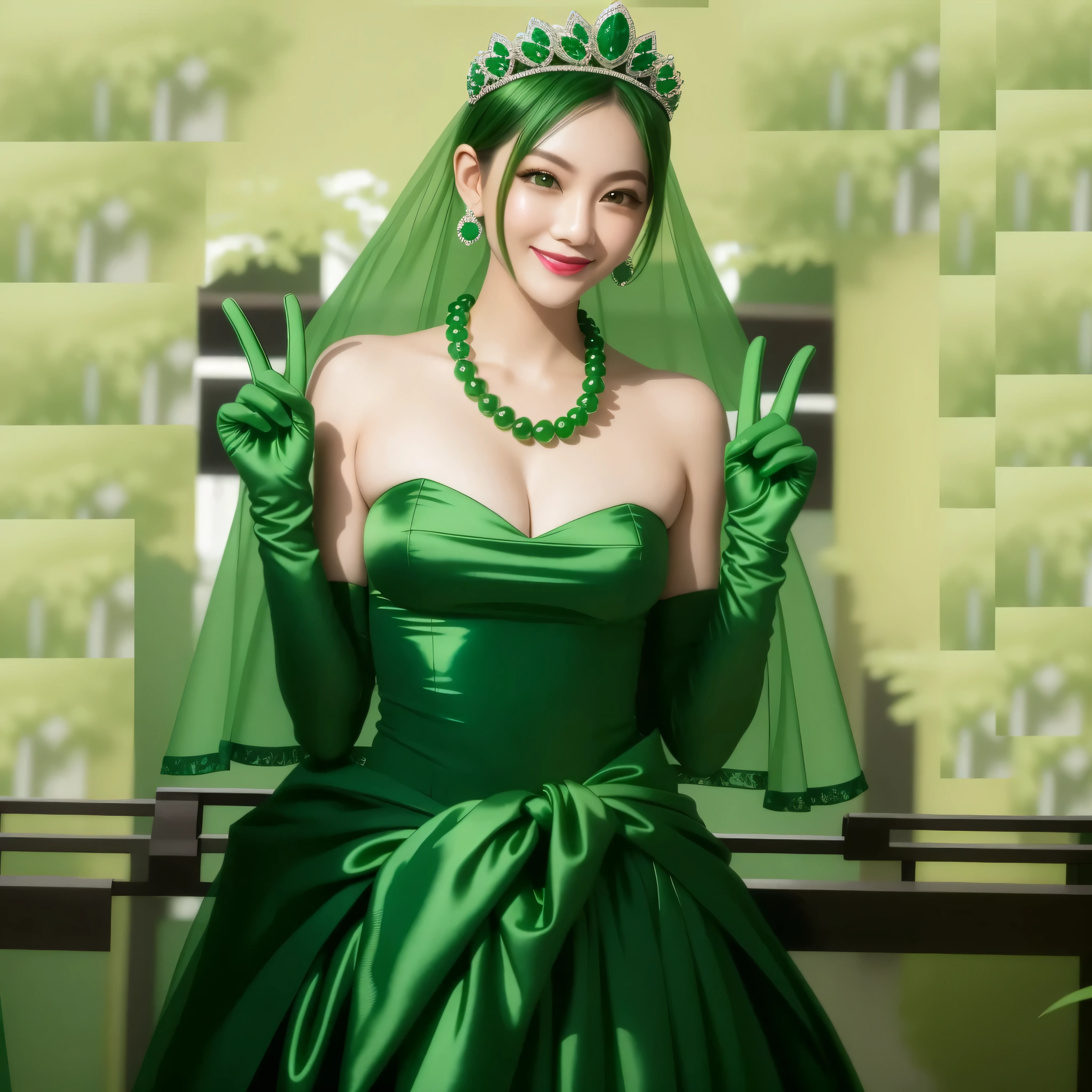 emerald tiara, green pearl necklace, boyish very short green hair, green lips, smiling Japanese woman, very short hair, Beautiful woman with big breasts, green eyes, green satin long gloves, green eyes, emerald earrings, green veil, Heart with both hands, green hair, beautiful japanese woman, V sign, green lip gloss
