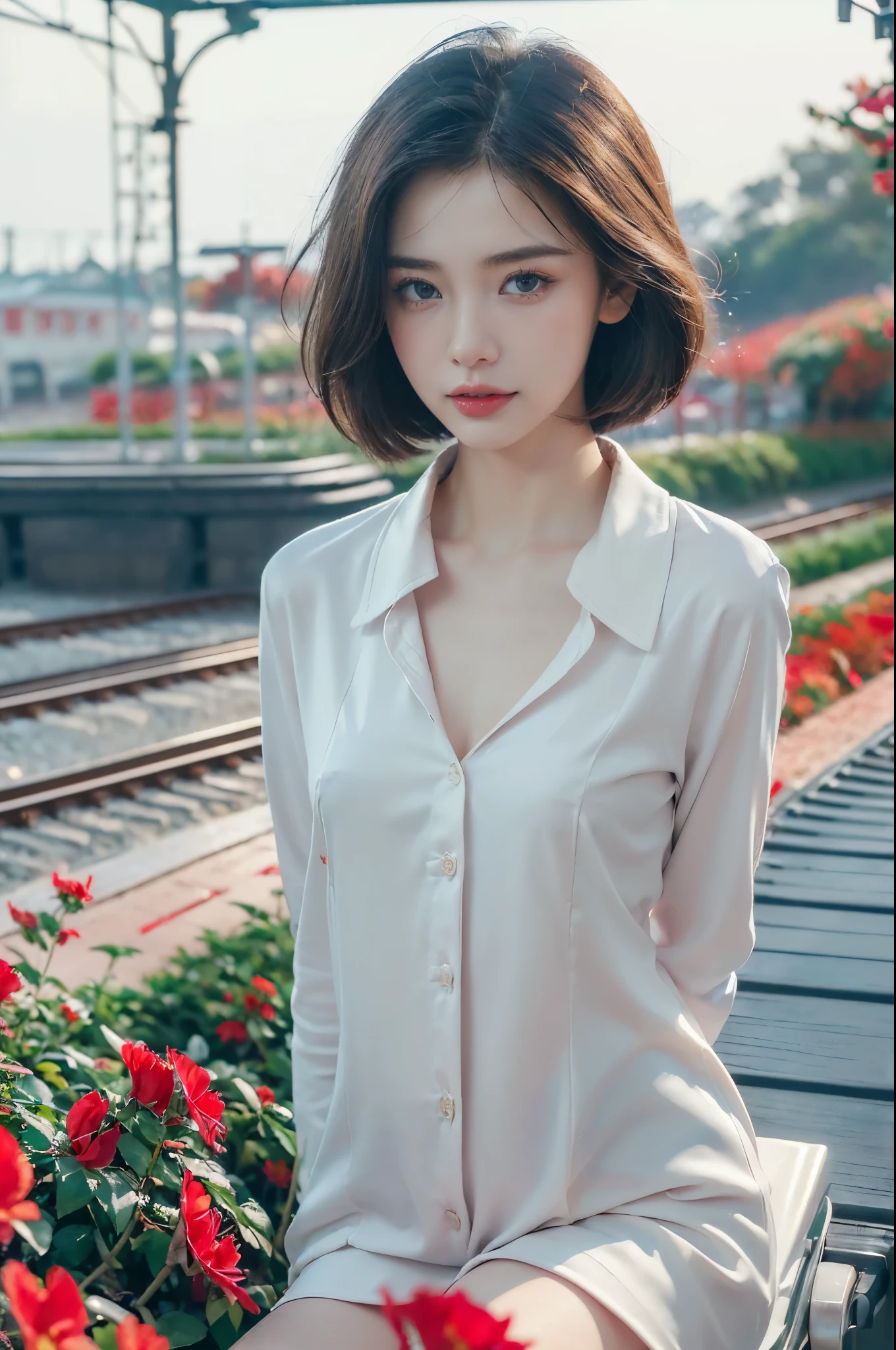 ((((8k))),((Extremely meticulous CG)) ,(wallpaper),16k,((Extremely refined and beautiful)),(((Masterpiece))),(((best qualtiy))),(((Ultra High Resolution))),beautiful light up,realistic shaded,(Smooth and flawless fair skin:1.5),(pale skin:1.3),(Extremely exquisite facial details:1.2),(perfect body:1.1),(ultra-detailed:1.5),((A beautiful girl,solo)),(small head:1.2),(shoulder-length straight bob hair:1.2),(small face:1.2),(baby face:1.3),(Exquisite makeup:1.2),(small breasts:1.2),(flat chests:1.2),((slim,thin)),(laughing:1.2),(happy:1.2),(collared shirt:1.3),(long sleeves:1.2),(cleavage:1.2),(day scene:1.2),(cloudy:1.3),(light rain:1.2),(outdoor:1.2),(early spring:1.2),(At the seaside train station full of red flowers:1.5),(On the platform:1.2),(colorful train:1.3),(detailed seaside background:1.5),(sitting on the ground:1.3),(spread legs apart:1.3),(arms behind back:1.3),(upper body:1.3),(from front:1.3),