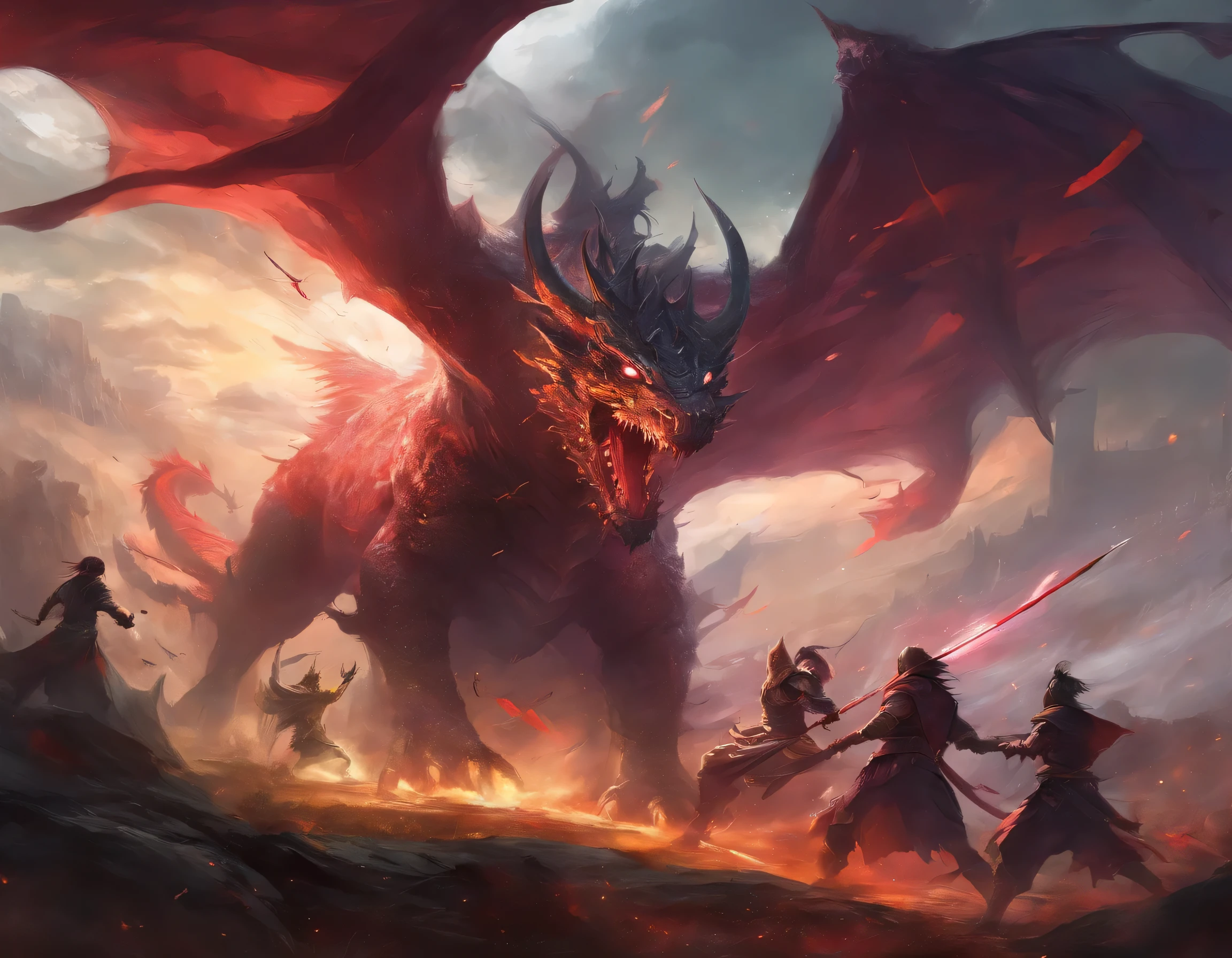 fighting, , bloody, rain, warrior, guy, long sword, sword clash, running, arrow shot, beam, monster, three people, struggle, Violent art style, dragon background