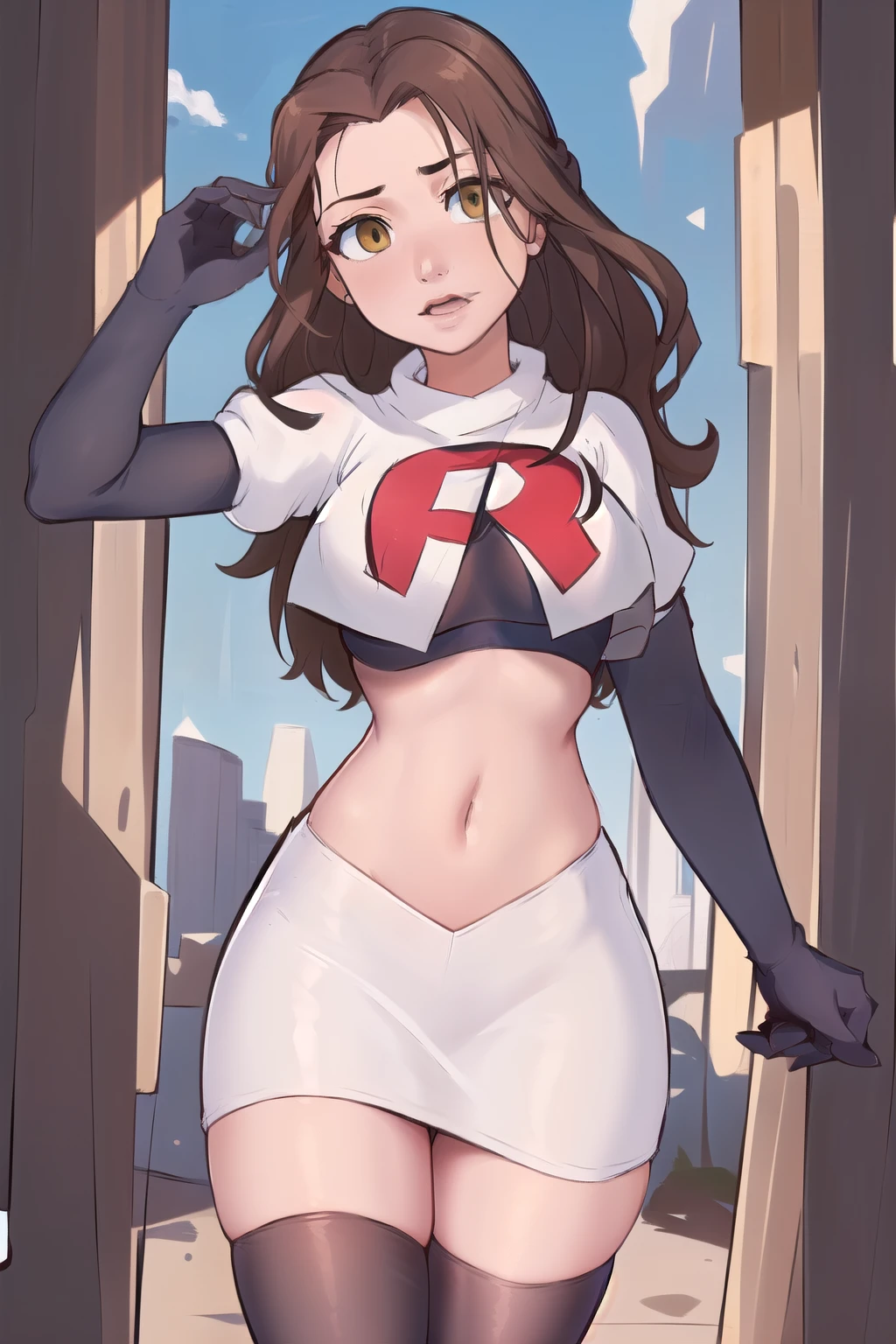 ((masterpiece, best quality:1.2),
BelleWaifu,18 years old,beautiful face,elegant face,(beautiful slanted eyes:1.4),brown eyes,breasts,cowboy shot, team rocket,team rocket uniform,white skirt,red letter R,crop top,black thigh-highs,black elbow gloves