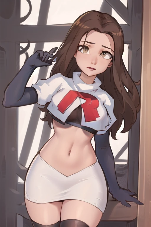((masterpiece, best quality:1.2),
BelleWaifu,18 years old,beautiful face,elegant face,(beautiful slanted eyes:1.4),brown eyes,breasts,cowboy shot, team rocket,team rocket uniform,white skirt,red letter R,crop top,black thigh-highs,black elbow gloves