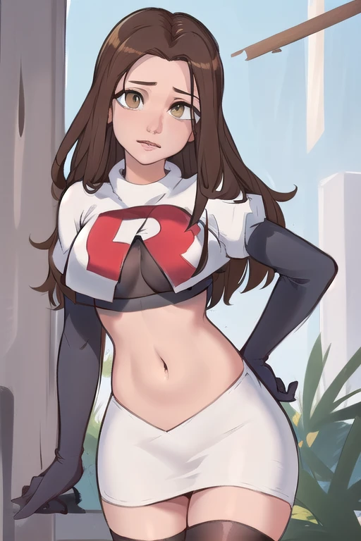 ((masterpiece, best quality:1.2),
BelleWaifu,18 years old,beautiful face,elegant face,(beautiful slanted eyes:1.4),brown eyes,breasts,cowboy shot, team rocket,team rocket uniform,white skirt,red letter R,crop top,black thigh-highs,black elbow gloves