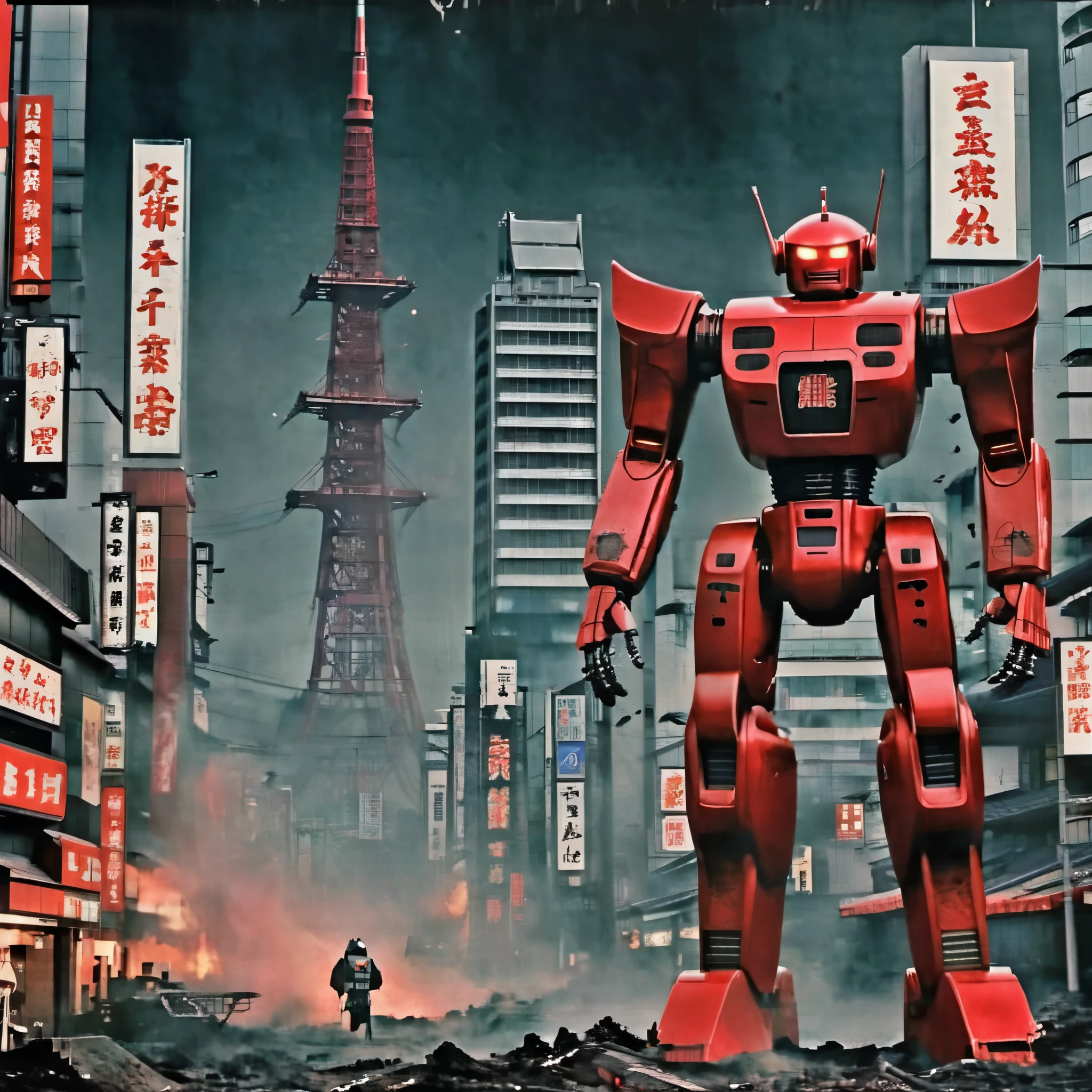 Retro movie poster of a japanese movie, where a red robot with guns attacks the city of Tokyo, action, destruction, dark aesthetic