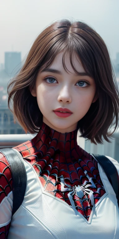 (1girl:1.3), Solo, (((Very detailed face)))), ((Very detailed eyes and face)))), Beautiful detail eyes, Body parts__, Official art, Unified 8k wallpaper, Super detailed, beautiful and beautiful, beautiful, masterpiece, best quality, original, masterpiece, super fine photo, best quality, super high resolution, realistic realism, sunlight, full body portrait, amazing beauty, dynamic pose, delicate face, vibrant eyes, (from the front), She wears Spider-Man suit, red and black color scheme, spider, very detailed city roof background, rooftop, overlooking the city, detailed face, detailed complex busy background, messy, gorgeous, milky white, highly detailed skin, realistic skin details, visible pores, clear focus, volumetric fog, 8k uhd, DSLR, high quality, film grain, fair skin, photo realism, lomography, futuristic dystopian megalopolis, translucent