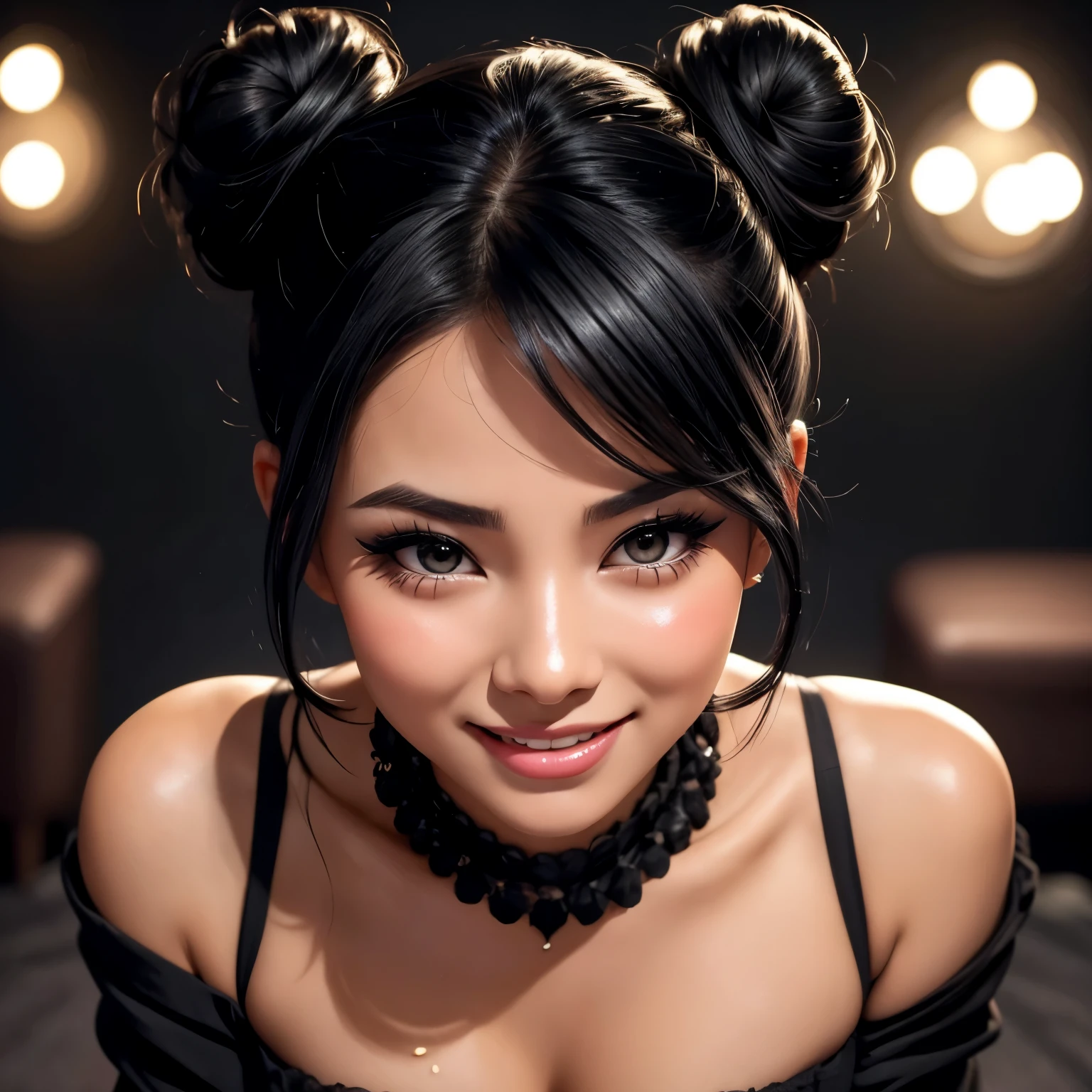 Sexy woman, black hair in a neat bun, amazing makeup, open eyes, open mouth, blushing very hard, smiling, sweating, looking up, moaning, pleasure,