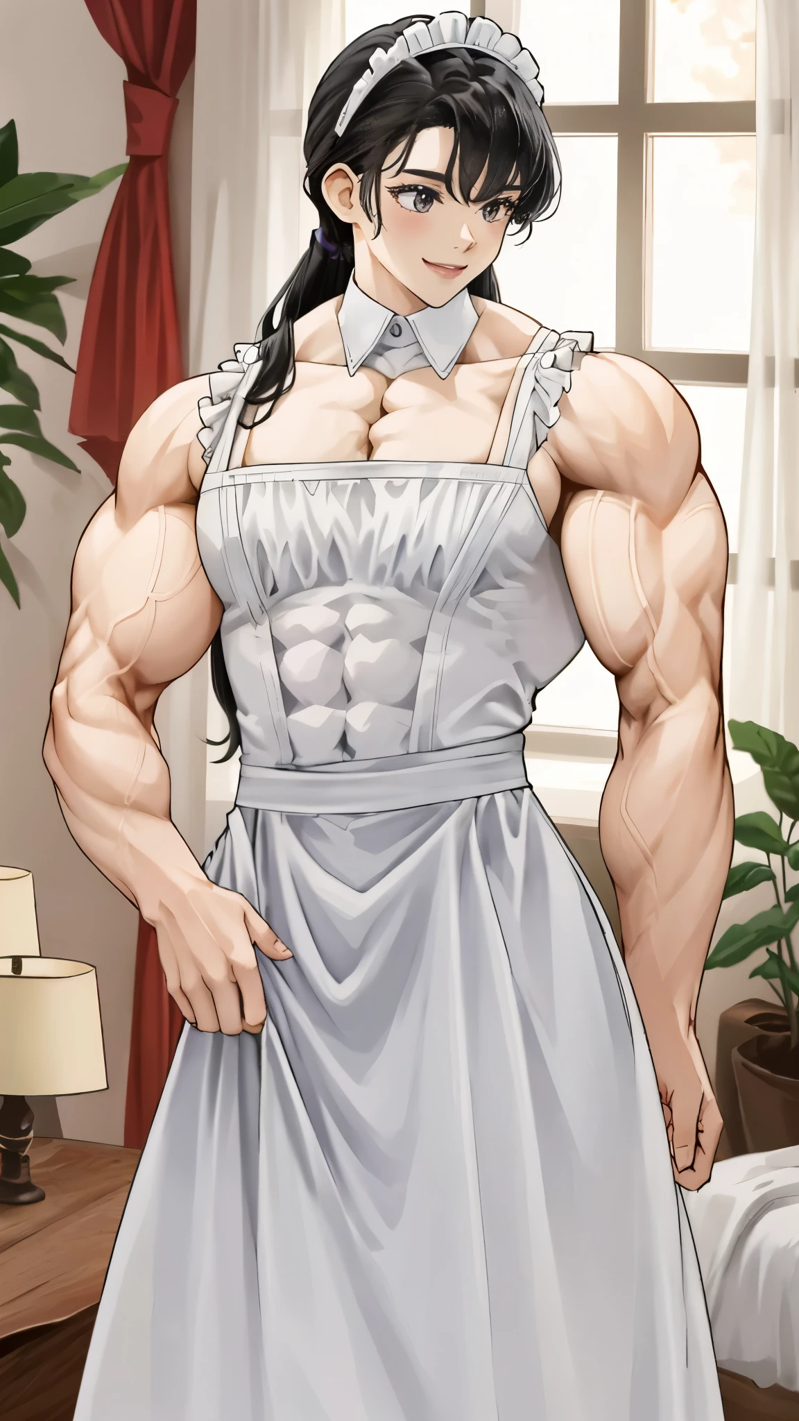 ,girl,, muscular female, alternate muscle size,(white skin),muscular ,room,biceps,maid outfit, abs,muscular thighs,smile