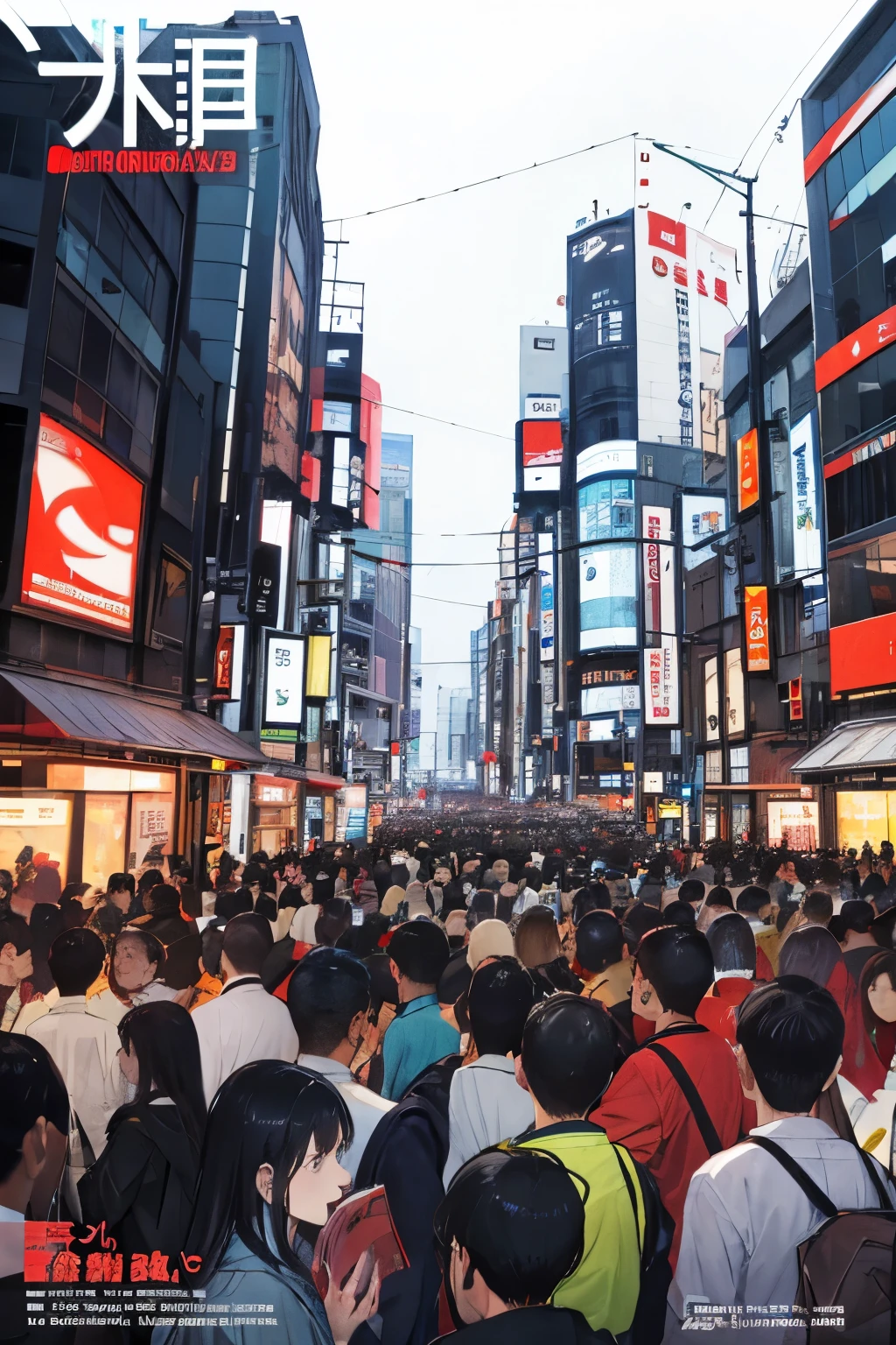 magazine cover page, lots of people, urban background, city streets, social issues, crowded, shibuya