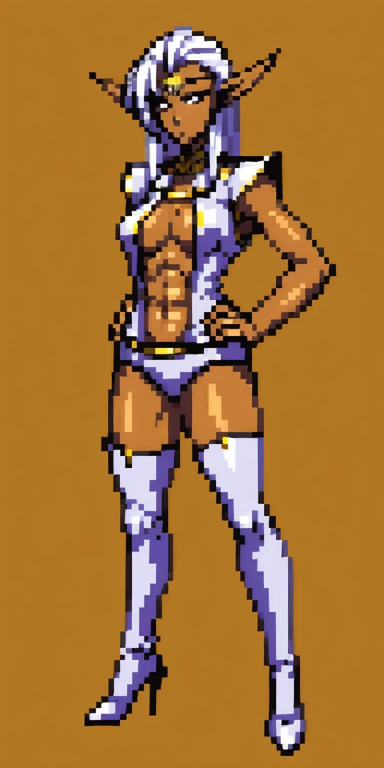 full body, high heels, standing straight symmetrical, pirotess female dark elf, hands on hips, thigh highs, long legs, slender tone abs, dark skin