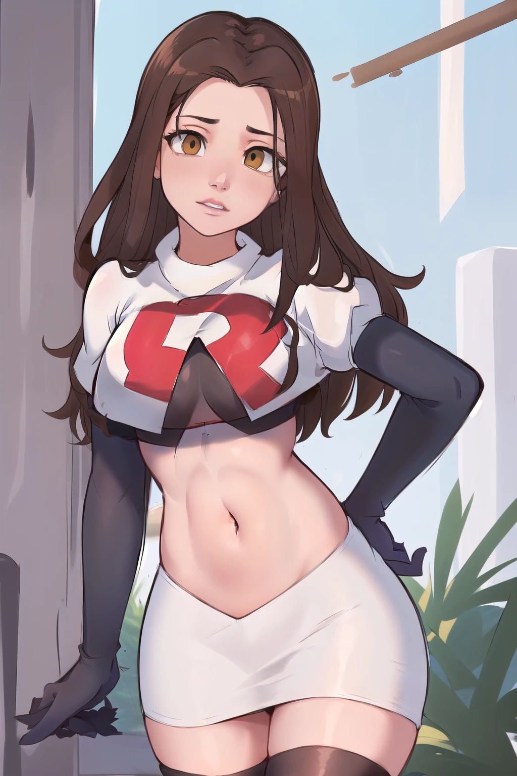 ((masterpiece, best quality:1.2),
BelleWaifu,18 years old,beautiful face,elegant face,(beautiful slanted eyes:1.4),brown eyes,breasts,cowboy shot, team rocket,team rocket uniform,white skirt,red letter R,crop top,black thigh-highs,black elbow gloves