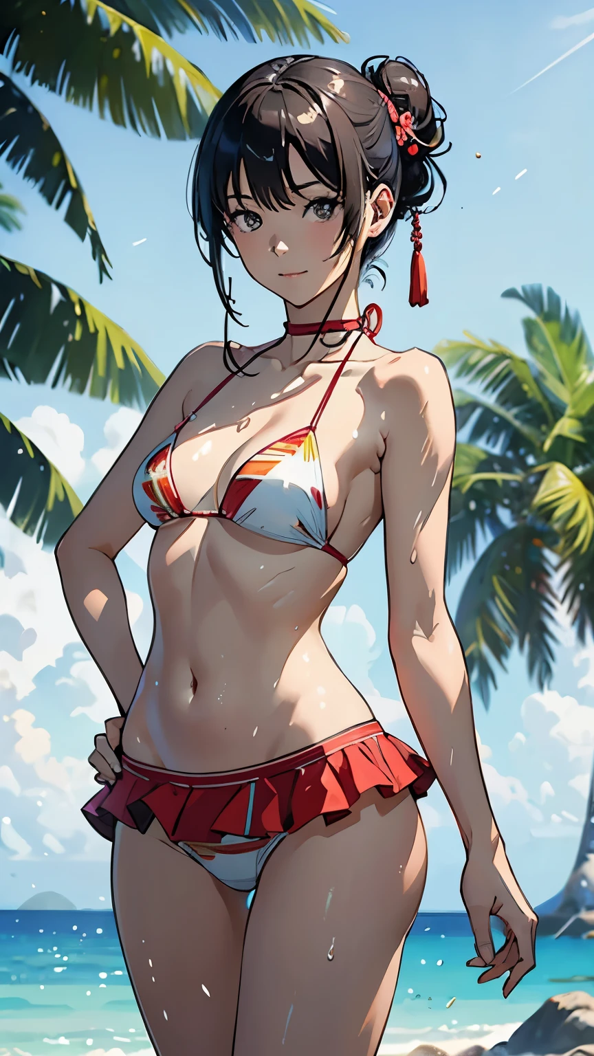 (highest quality, masterpiece, High resolution)、(concept art)、anime style、 reality、beautiful japanese woman、(1 woman)、18-year-old、(put your hands on your hips)、(Detailed depiction of a beautiful face)、smile gently、small breasts、slim body shape、medium short hair、semi-long、bun hair、Wet 水着、bikini、モノキニbikini、A pareo skirt with bold ethnic patterns and plenty of primary colors、realistic skin、Wet、full body、No zoom、No close-ups、cinematic light、Tropical shades、((blank background))、((white background))、