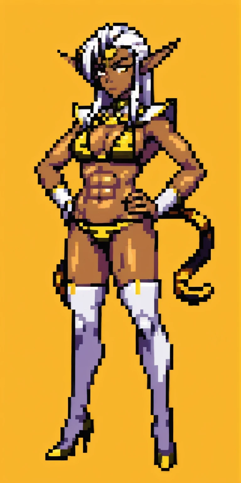 full body, high heels, standing straight symmetrical, pirotess female dark elf, hands on hips, thigh highs, long legs, slender tone abs, dark skin, yellow tiger bikini