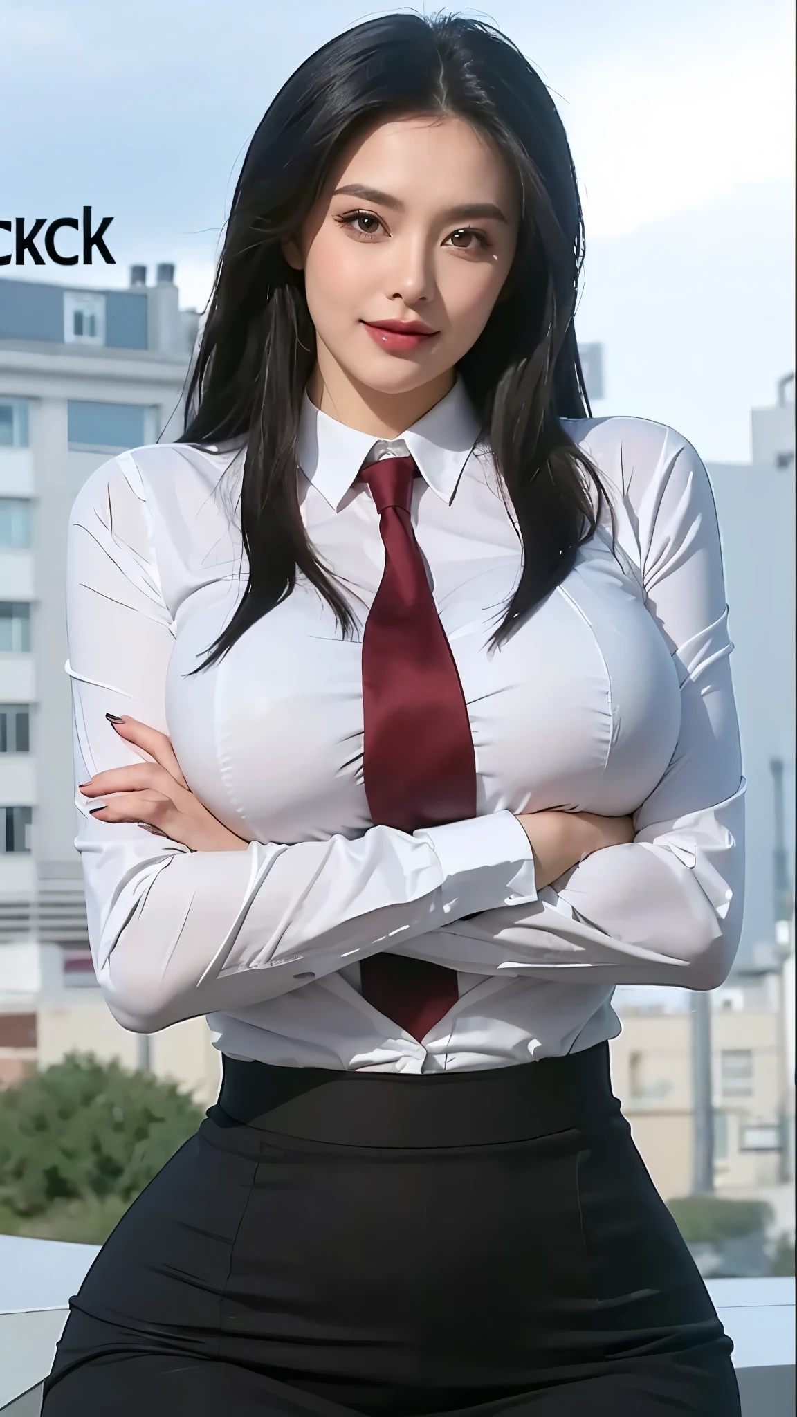 (8k, Best Quality, Masterpiece, Realistic, Ultra Detailed:1.3), (1girl, pretty Japanese secretary), (suit jacket, tight mini-skirt:1.3), Smile, (gigantic breasts, cleavage, perfect body:1.3), (naked:1.4), bangs, necklace, (navel), (office, crowd:1.3), (low ponytail), (dynamic posing), detailed eyes,