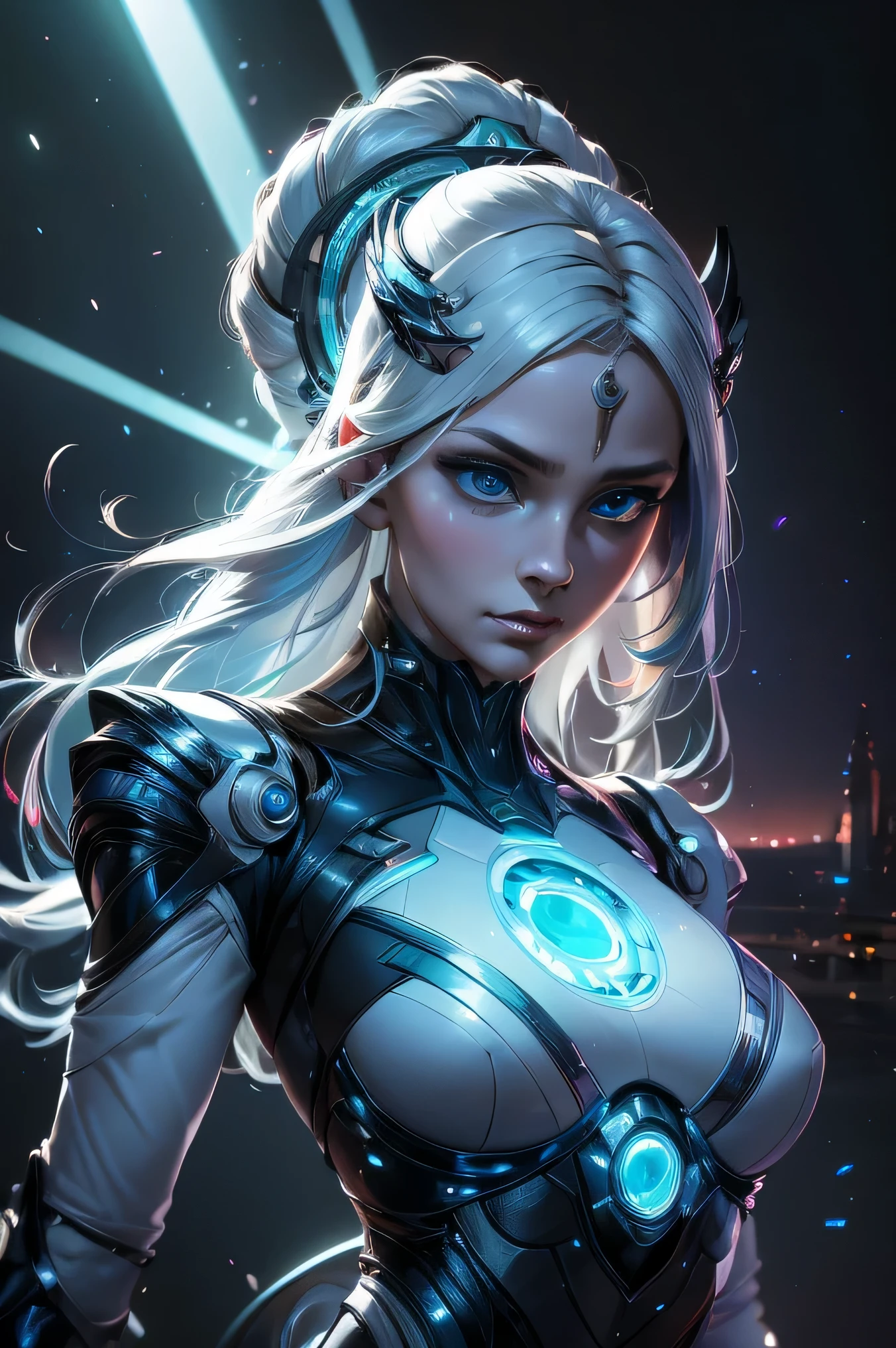 My friends, let me paint for you a vivid picture of a fantastically beautiful girl from the future, a vision that embodies the essence of cyberpunk, technology, and biopunk. Close your eyes and let your imagination run wild as I describe this mesmerizing cyber oracle., In this futuristic world, technological progress has seamlessly merged with the human form, giving rise to a breathtaking display of artistry and innovation. Our cyber oracle is the true embodiment of this harmonious fusion., Her porcelain skin glows with a subtle light, a testament to the complex network of bioluminescent implants that leave graceful patterns on her body. These delicate lines of light shimmer and dance, revealing a breathtaking symphony of colors that shift and change in harmony with her emotions., Her eyes, the windows of her cybernetic soul, sparkle with an otherworldly glow. Tiny diodes flicker in the iris, emitting a mesmerizingly beautiful glow that captivates everyone who meets its gaze. They hold wi, white hair, light blue hair, mini top hat, hairclip, hair ornament, Gothic art, diffraction spikes, three sided view, fake scrollbar, Surrealism, high detail, Futurism, modern, modern, Gothic art, cinematic lighting, textured skin, super detail, high details, award winning, 8k, masterpiece, 8k, best quality, highres, award winning, high quality, super detail, anatomically correct, ccurate, retina, masterpiece