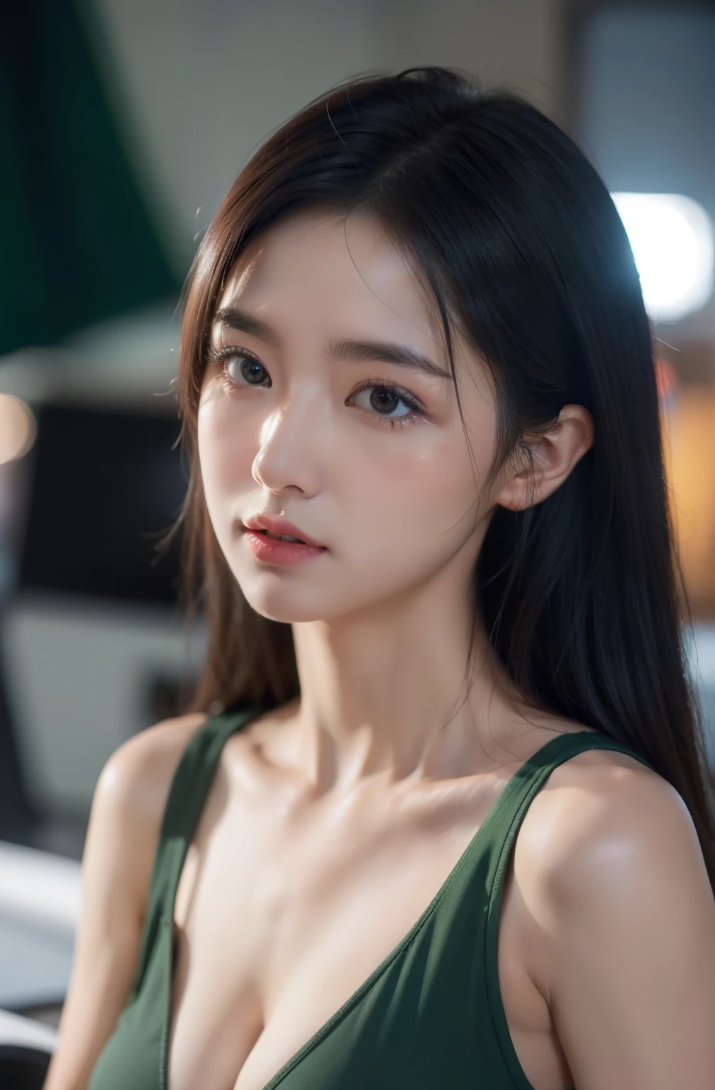 Exposed nipples、fighter jet wing on the background、Air Force Pilot、Runway、Planes、dark green flight suit、High exposure、Photorealistic images of solo idols, Morning Musume inspired by Eri Kamei, Radiates charm and beauty with plenty of bust and subtle exposure of cleavage. The image is、Must reflect a real person of the highest quality, Powered by Ultra-HD (16 K) resolution, crisp detail, Vivid colors, Dynamic Range, Soft bokeh, Fine texture, Realistic realism, Pin Sharp Focus. Lighting is、Face that is、In the glow of city lights、It's the soft glow of a computer screen. The camera setup is、Nikon D850 and NIKKOR Z 58mm Boobs F。/0.95 S Noct lens, The setting must be ISO , F/0.95, Shutter speed is 1/60. --ar 16:9 - V5.1 --Style raw --Q 2 --S 750