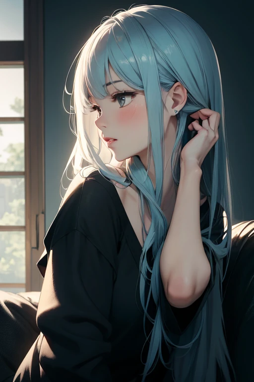 (masterpiece, best quality, extremely detailed, absurdres)), masterpiece, best quality, extremely detailed, (((light blue long hair,,))), ,,long hair cute anime faces, detailed light, parted lips, shiny, beautiful detailed face, long hair, lips, beautiful, expressive face, 1girl, solo, flat chest, blush, bangs, There is a woman sitting on a sofa with her hand on her chin, profile of anime girl, , side profile portrait, elegant japanese woman, elegant profile pose, girl cute-fine-face, Female profile, a young asian woman, the face of a beautiful Japanese girl, by Torii Kiyomoto