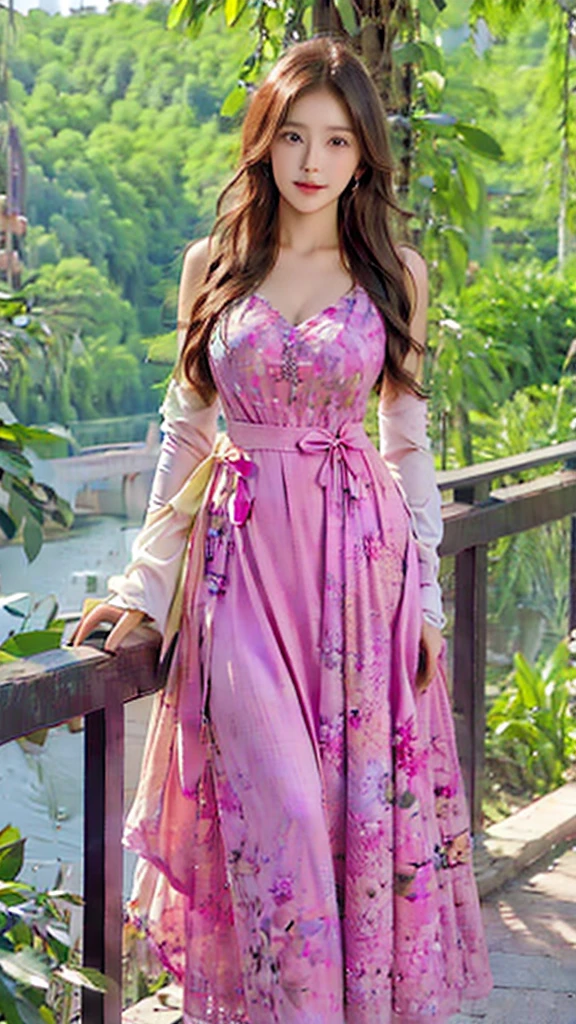 A girl brod pelvic with big breasts and long messy red_hair ,beutifull girl ,(wering light voilet color gaun dress), standing in the eastern Redbud _tree, nearby, river, girl taching hand to trees realistic lighting and HDR 8K high quality high production value realistic, realism,, epic fantasy, light leaks, vibrant color grading, telephoto shot