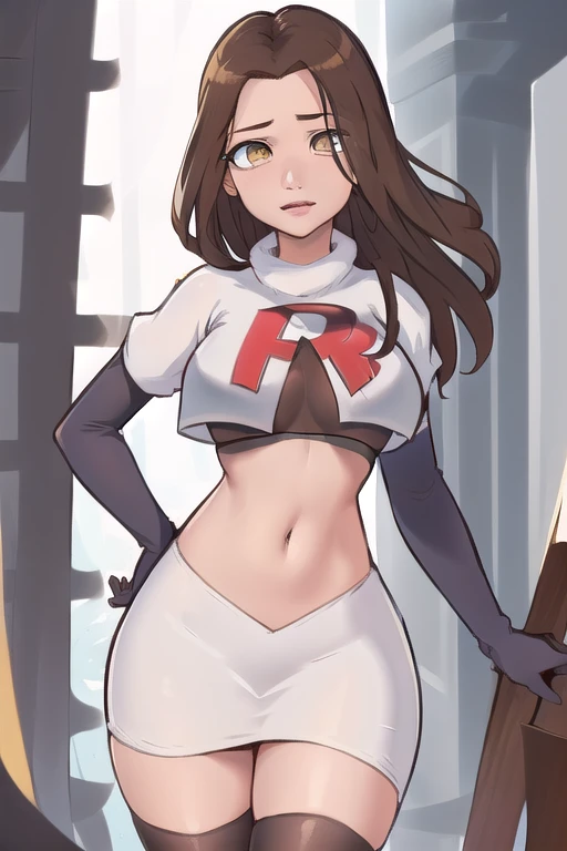 ((masterpiece, best quality:1.2),
BelleWaifu,18 years old,beautiful face,elegant face,(beautiful slanted eyes:1.4),brown eyes,breasts,cowboy shot, team rocket,team rocket uniform,white skirt,red letter R,crop top,black thigh-highs,black elbow gloves