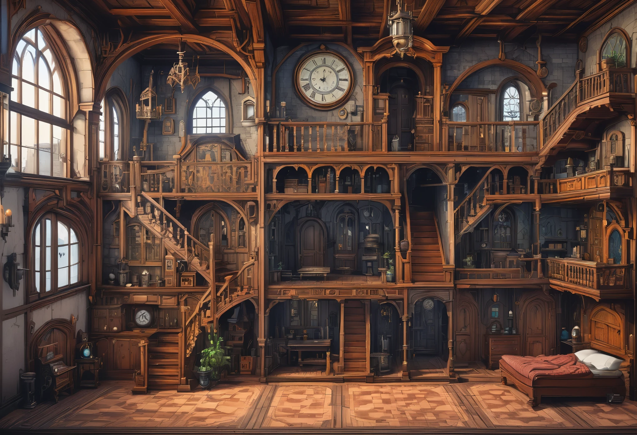 Large cross-section of a house with a clock and many rooms, Concept art inspired by Anton Pieck, shutter stock, gothic art, Castlevania Soton, Ultra-detailed haunted house, gothic mansion, Beautifully detailed pixel art, gothic mansion room, Spooky mansion, The hideout of evil villains, Complex from Baldur&#39;s Gate, Scary detailed color art