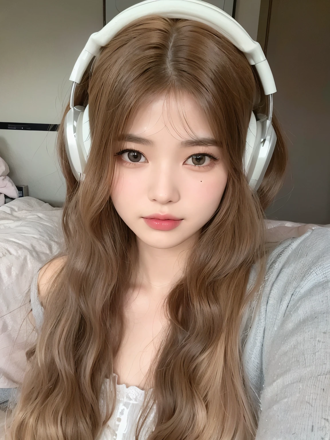 A girl taking pictures,wearing headphones,facing the camera,渐变色Long curly hair,Chestnut Gradient Hair,gray clothes,Long curly hair,long flowing hair,The hair is very curly,Egg curly hair style,Photorealism,masterpiece,best quality,high quality,fine details,clear focus,精致Face部细节纹理,Face型流畅光滑自然,Very detailed faces,4 k,1girl,deep shadow, 1 girl, Narrow waist,美丽的Face, Face, Divine goddess, ultra high resolution,(Realism:1.4),(beautiful girl:1.4),(Looking at the audience,Detailed facial details,Beautiful detailed eyes,Jet-black hair,(Urzang-6500-v1.1:0.3)