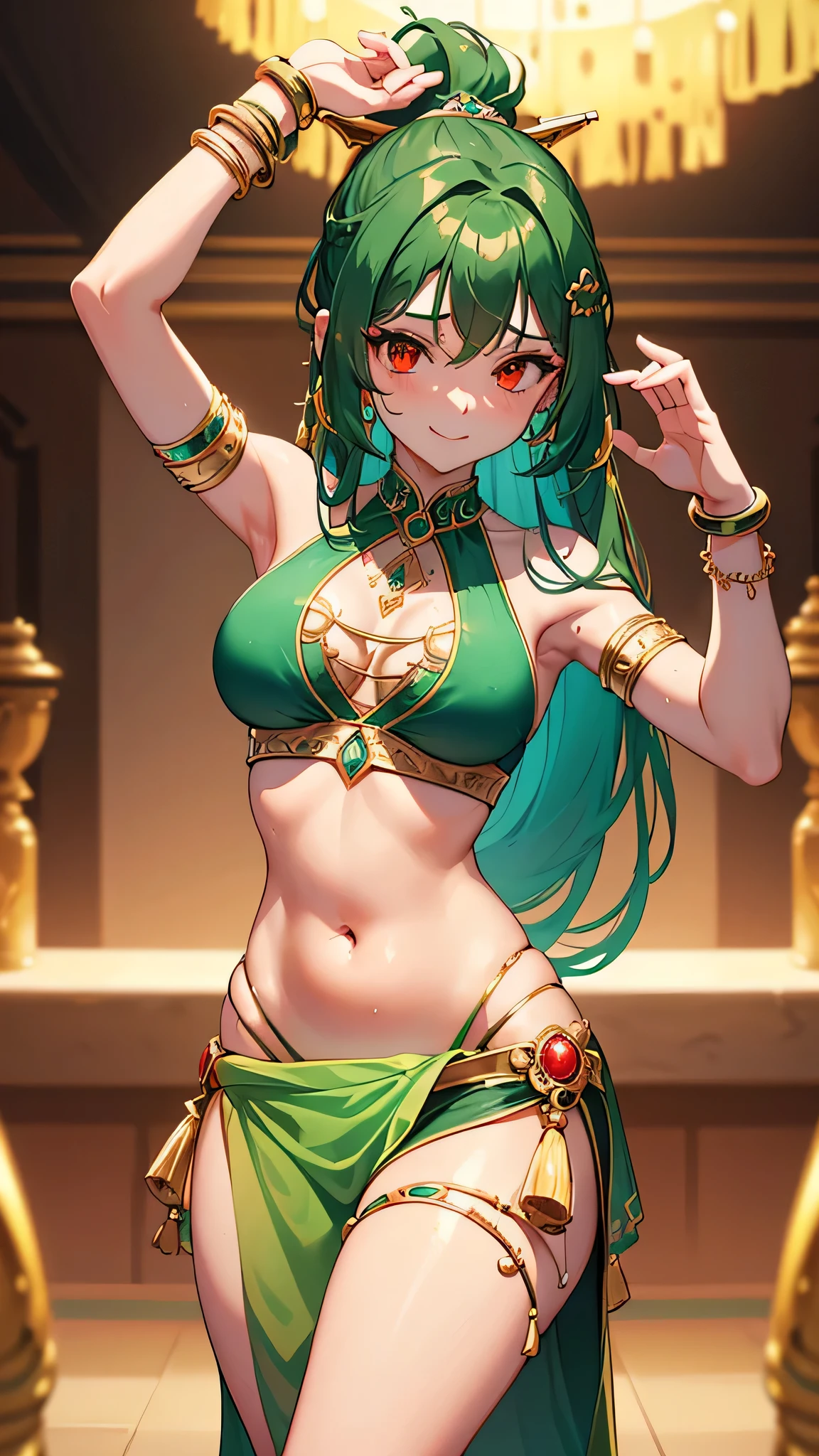 perfect anatomy, masterpiece1.3, best quality, 8k, beautiful detailed grow, (dance style) (belly Dancing), low-angle (solo Ponytail green hair long hair cute girl, belly dancer girl, , detailed red eyes, ero smile, sweaty skin, bigboobs), break, ((in a exposure belly dancer costume)), in the Nightclub.