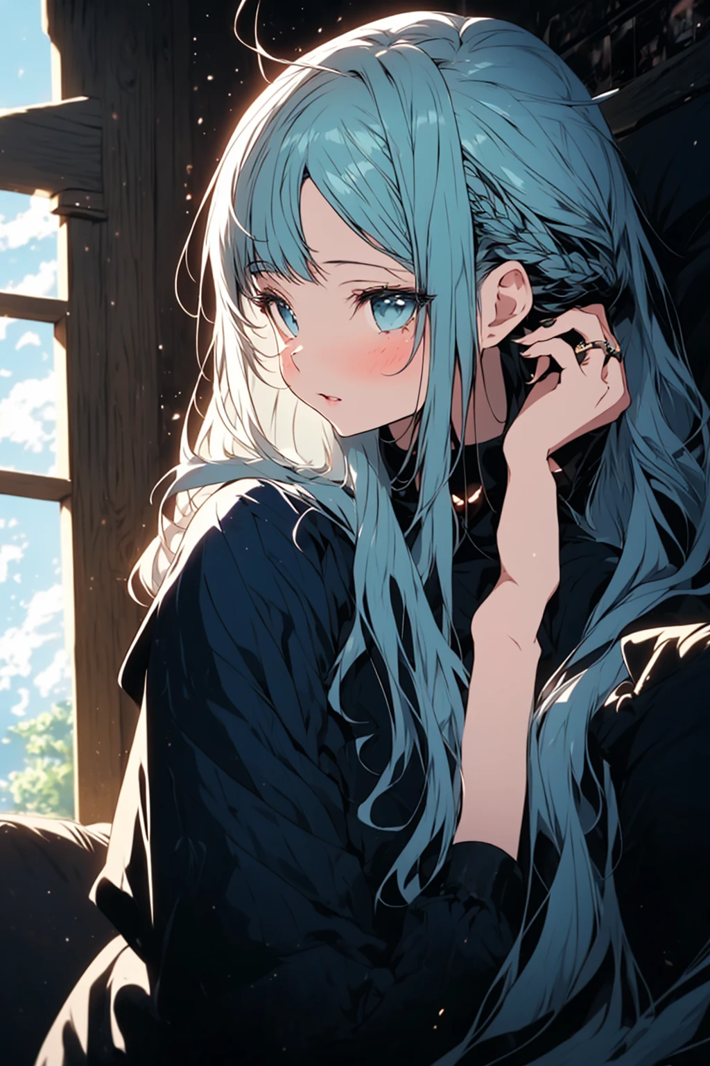 (masterpiece, best quality, extremely detailed, absurdres)), masterpiece, best quality, extremely detailed, (((light blue long hair,,))), ,,long hair cute anime faces, detailed light, parted lips, shiny, beautiful detailed face, long hair, lips, beautiful, expressive face, 1girl, solo, flat chest, blush, bangs, There is a woman sitting on a sofa with her hand on her chin, profile of anime girl, , side profile portrait, elegant japanese woman, elegant profile pose, girl cute-fine-face, Female profile, a young asian woman, the face of a beautiful Japanese girl, by Torii Kiyomoto