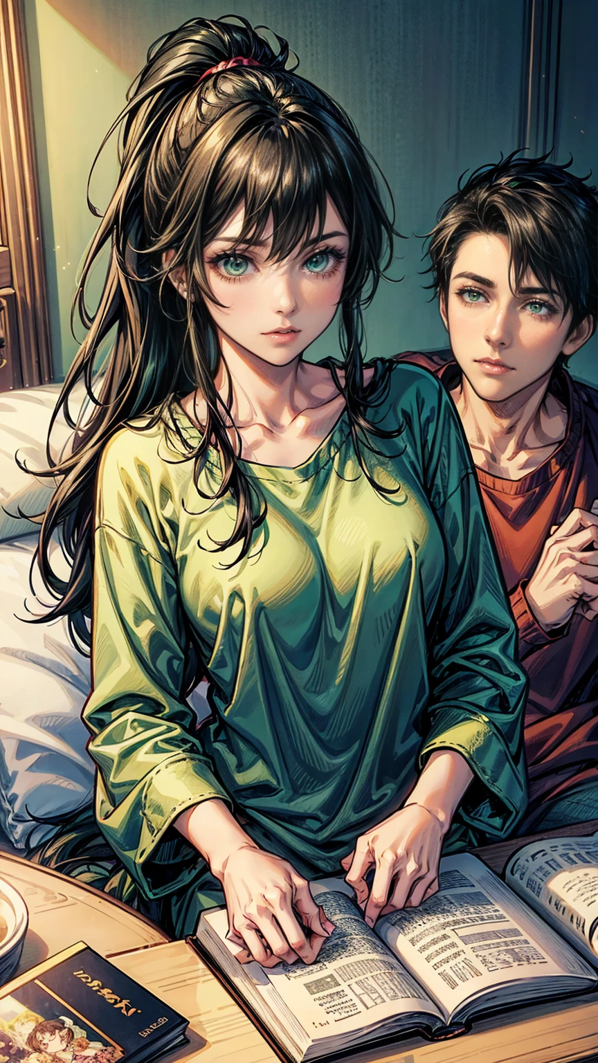 young woman with green eyes and black hair, gathered in a ponytail, works as a nanny. She reads a book to many cute boys and girls with different hair colors.. They're all in fluffy pajamas. cozy atmosphere, anime illustration