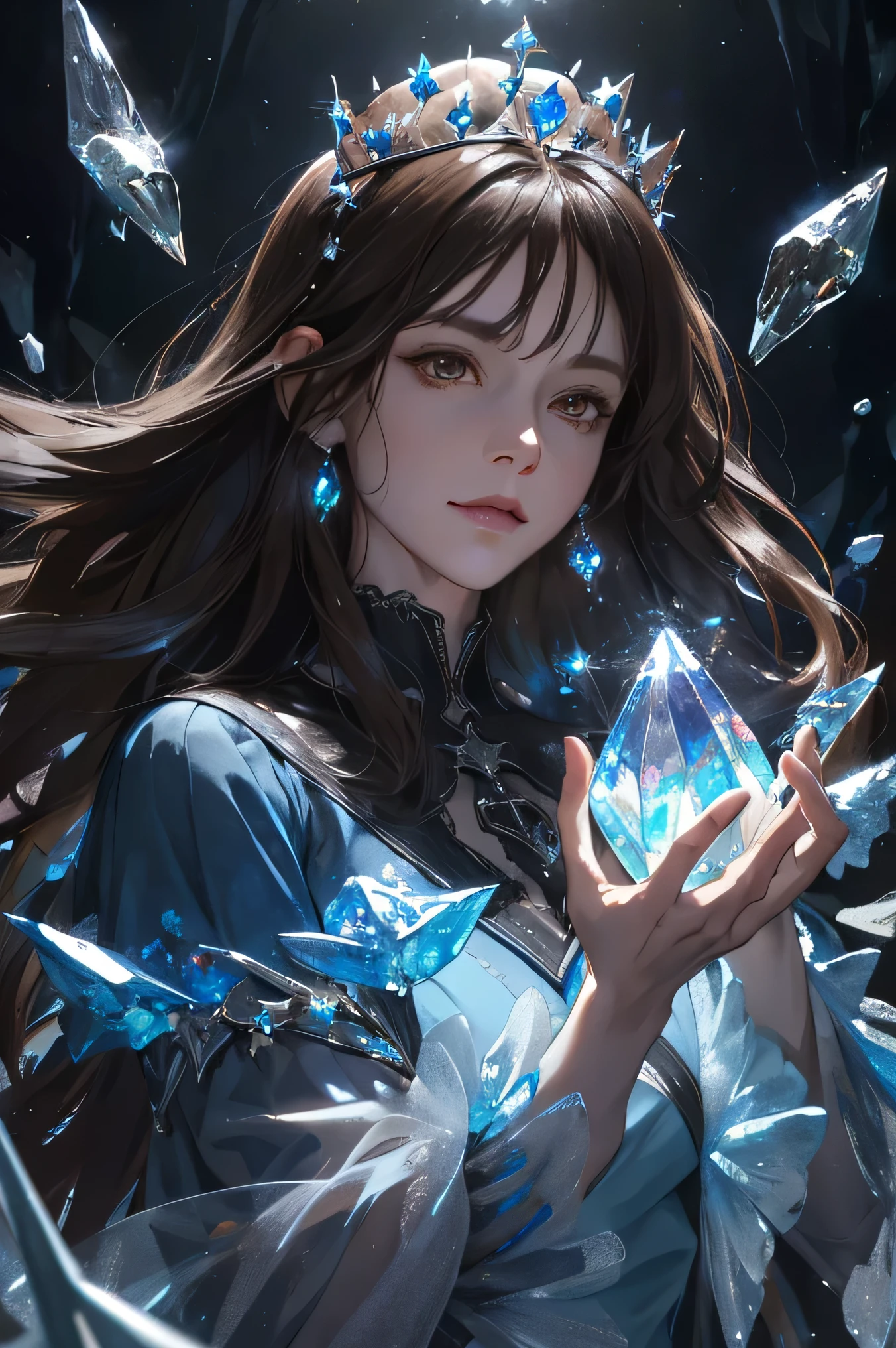 (absurdres, highres, ultra detailed), 1woman, mature female, aged up, straight long hair, brown hair, brown eyes, bangs, long sleeves, finely detailed eyes and detailed face, extremely detailed CG unity 8k wallpaper, intricate details, (style-swirlmagic:1.0), looking at viewer, solo, upper body, detailed background, close up, detailed face, (gothic dark ages theme:1.1), crystal sorcerer, dynamic pose, water themed clothes, crystal crown, floating in the air, glowing magical shards, surrounded by blue magical crystals, rock formations, stalactites, magical floating particles, crystal glass, crystal sphere, crystal canyon background, (shallow water:0.7), epic ethereal atmosphere, updraft,, portrait, swirl winds